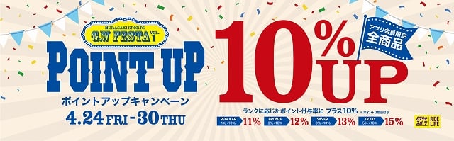 s-90_28 - SHOP NEWS | ムラサキスポーツオンラインストア 通販 Banner for Point Up campaign: large '10% UP' with 'POINT UP' logo and confetti background, dates 4.24 FRI–30 THU (seasonal promo).