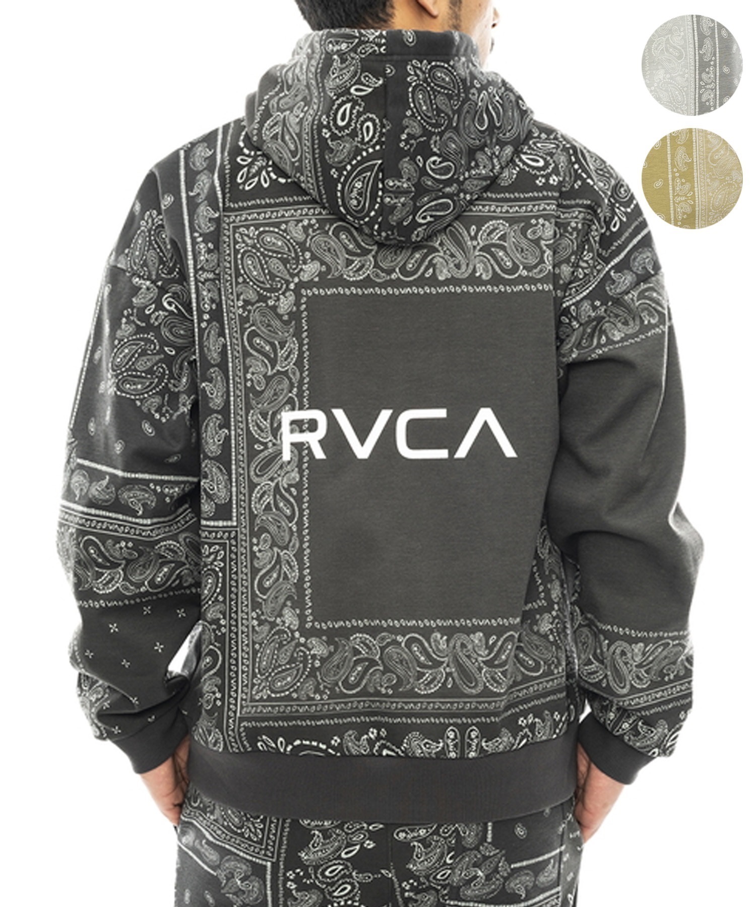 RVCA/ルーカ PATCHWORK BANDANA HOODIE メンズ パーカー プルオーバー スウェット ペイズリー柄 防風 撥水 セットアップ対応 BD042-045(GRY-S)