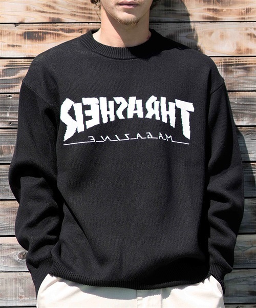 THRASHER/スラッシャー セーター バックワードロゴ ビックシルエット クルーネックニット 23MS-SW1 ムラサキスポーツ別注(BLK-M)