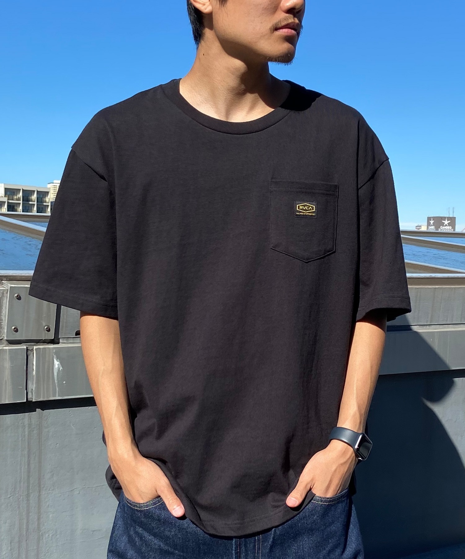 RVCA ルーカ メンズ 半袖 Tシャツ ポケT ポケット 無地 ワンポイント オーバーサイズ クルーネック BE041-230(BLK-S)