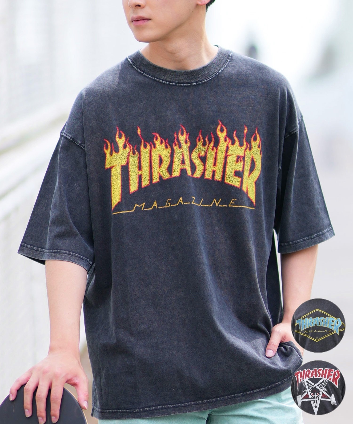 THRASHER スラッシャー メンズ 半袖 Tシャツ ブランドロゴ ピグメント加工 THMM-24SMSST01 ムラサキスポーツ限定(BLK1-M)