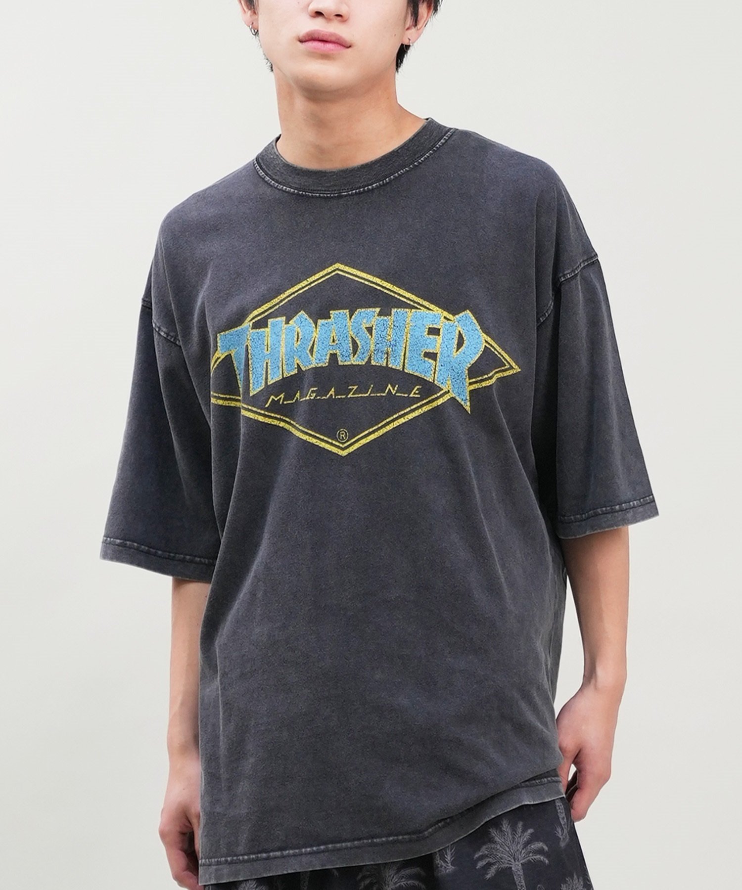 THRASHER スラッシャー メンズ 半袖 Tシャツ ブランドロゴ ピグメント加工 THMM-24SMSST01 ムラサキスポーツ限定(BLK2-M)