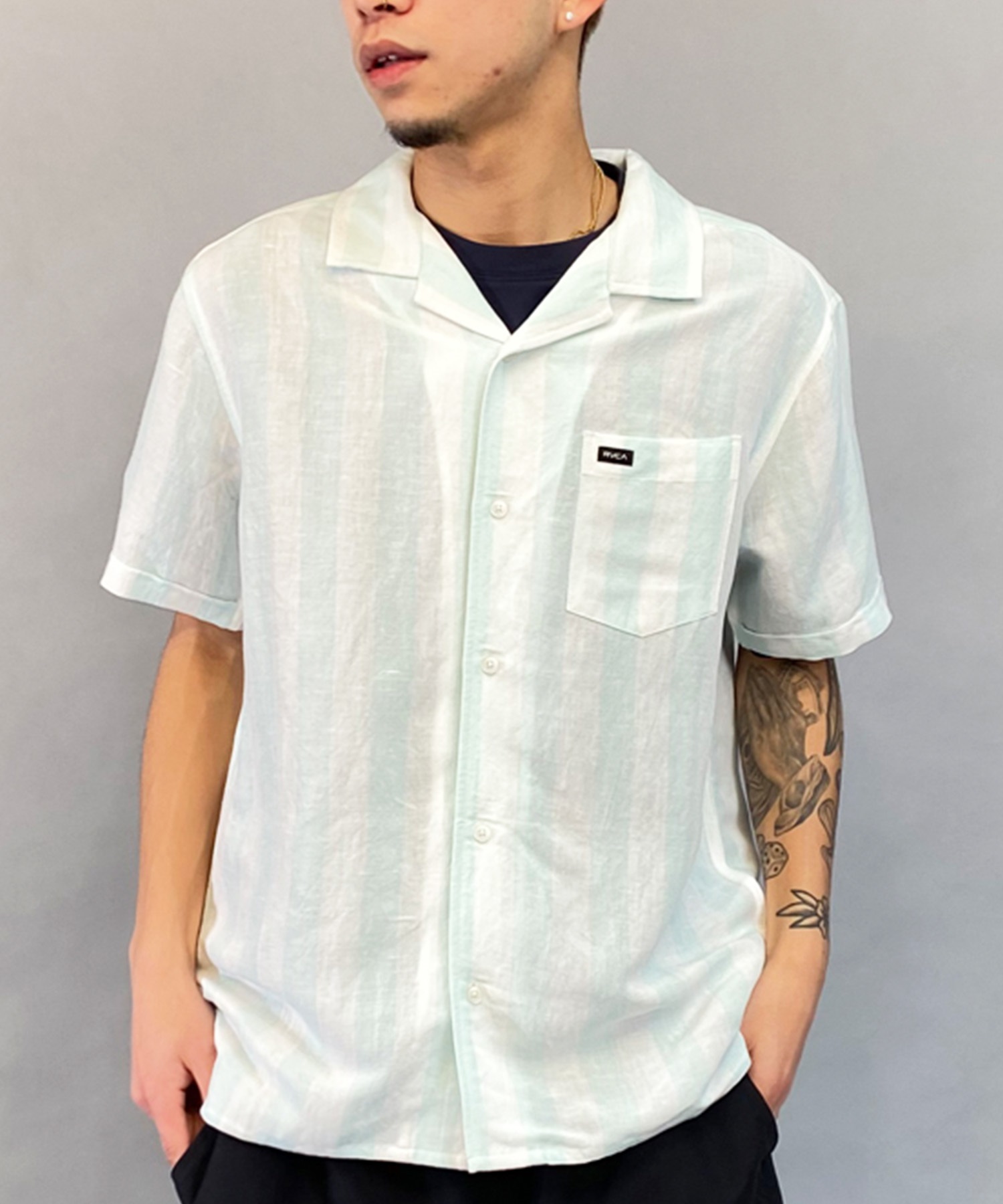 RVCA ルーカ 半袖 シャツ メンズ ストライプ オープンカラー LOVE STRIPE SS BE04A-127(LBL-S)