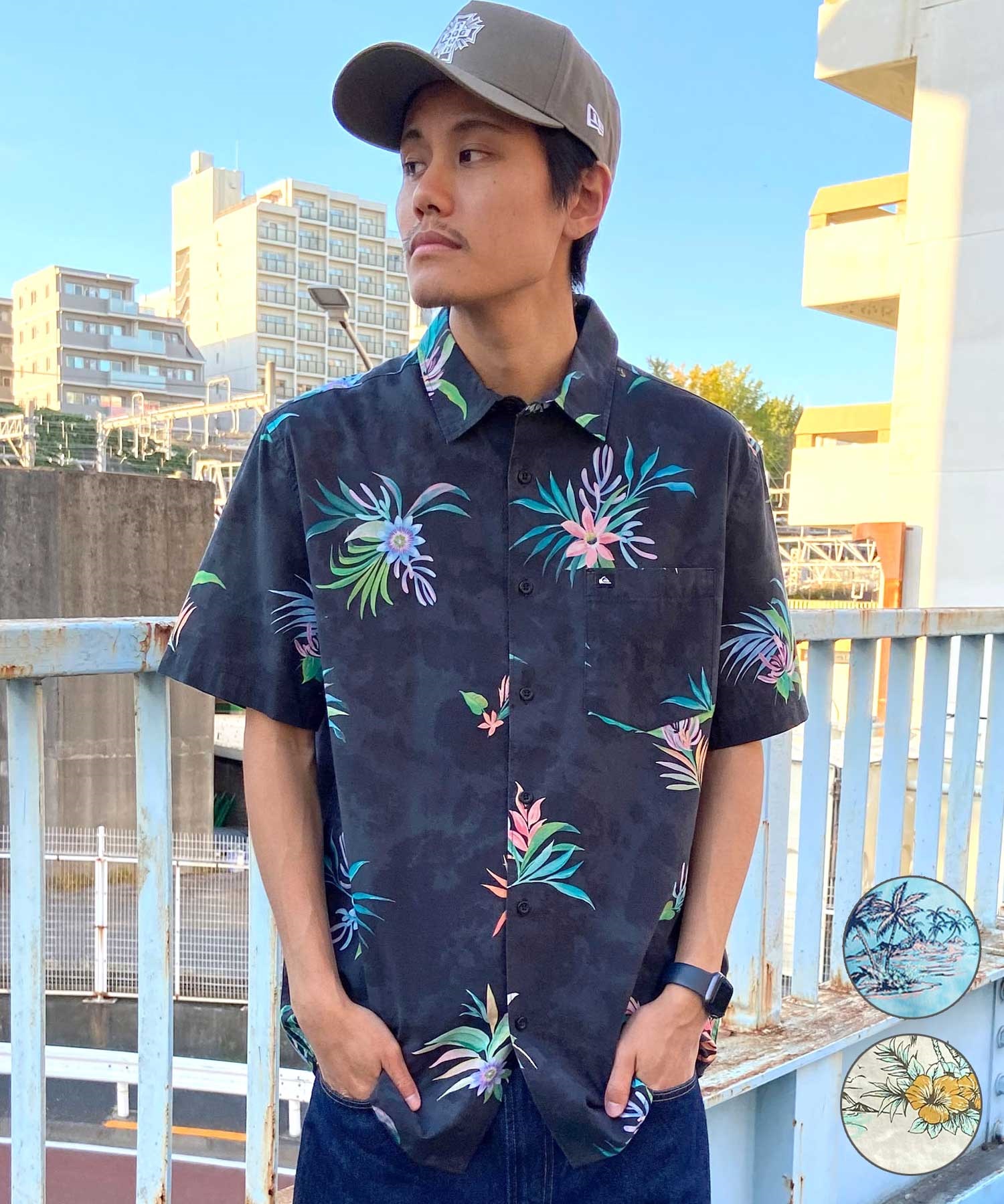 QUIKSILVER クイックシルバー メンズ 半袖 シャツ アロハシャツ 総柄 ワンポイント AQYWT03312(WEJ7-M)