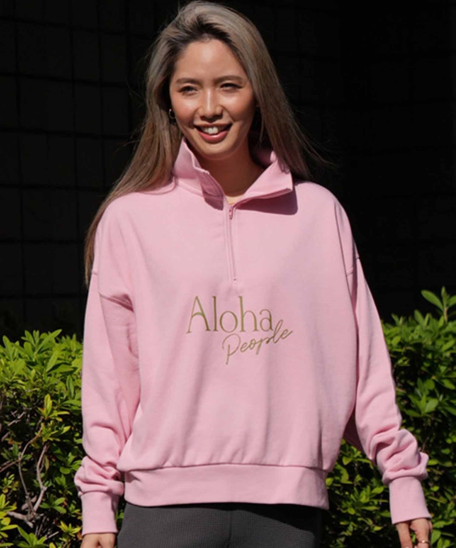 ALOHA PEOPLE/アロハピープル レディース トレーナー ハーフジップ 薄手 APSS2406(PINK-M)