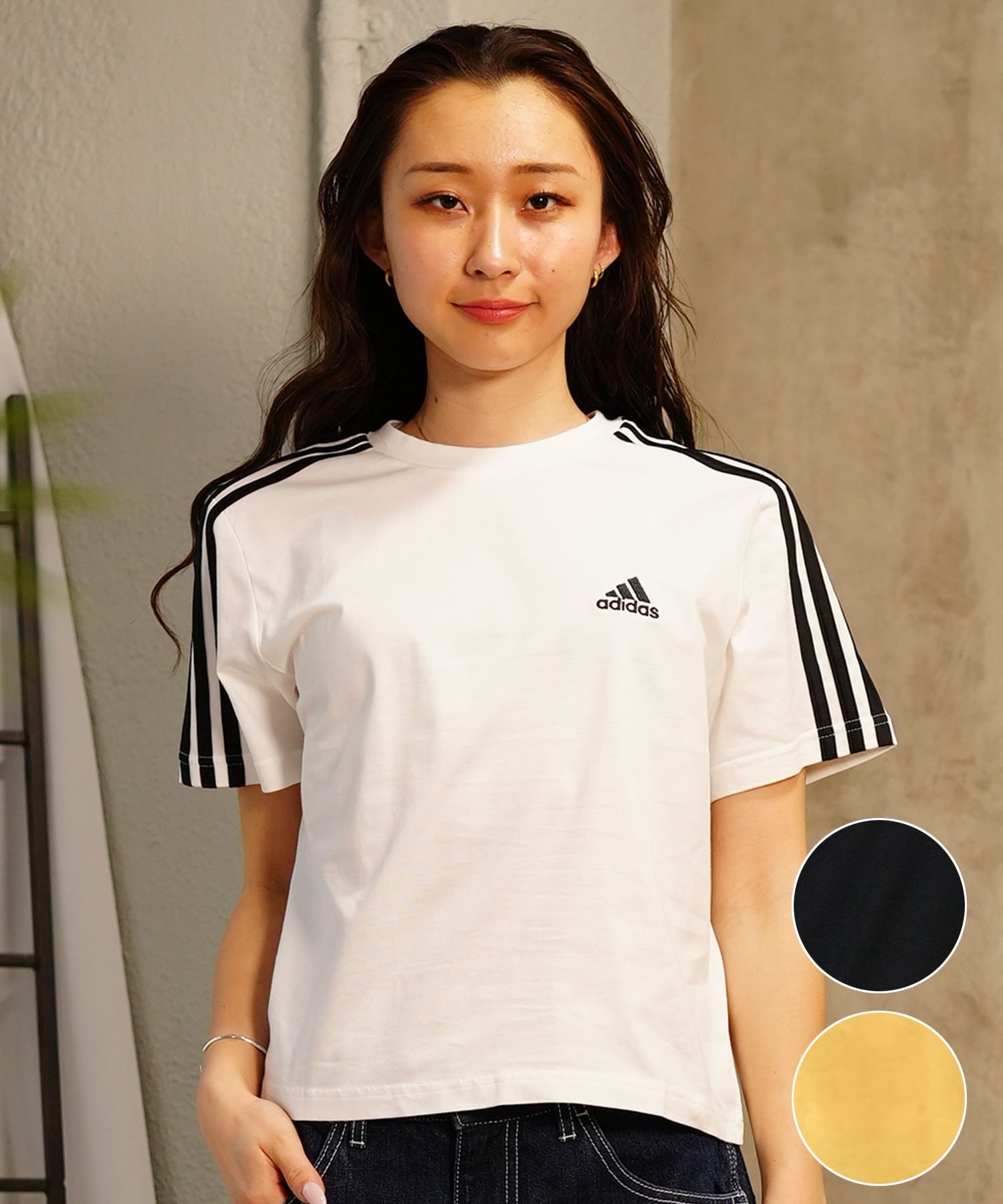 adidas アディダス レディース 半袖 スリーストライプスTシャツ ショート丈 ロゴ ENK78(WT/BK-M)