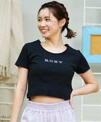 【クーポン対象】ROXY ロキシー レディース 半袖 Tシャツ クルーネック ショート丈 クロップ ミニ チビ RST242613T(BLK-M)