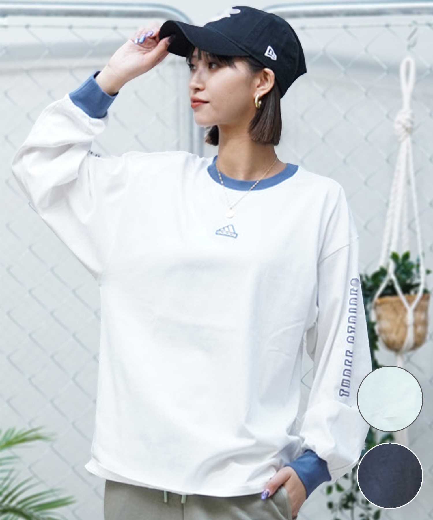 adidas アディダス レディース 長袖 Tシャツ ロンT オーバーサイズ クルーネック ルーズフィット JSY07(DGRY-M)