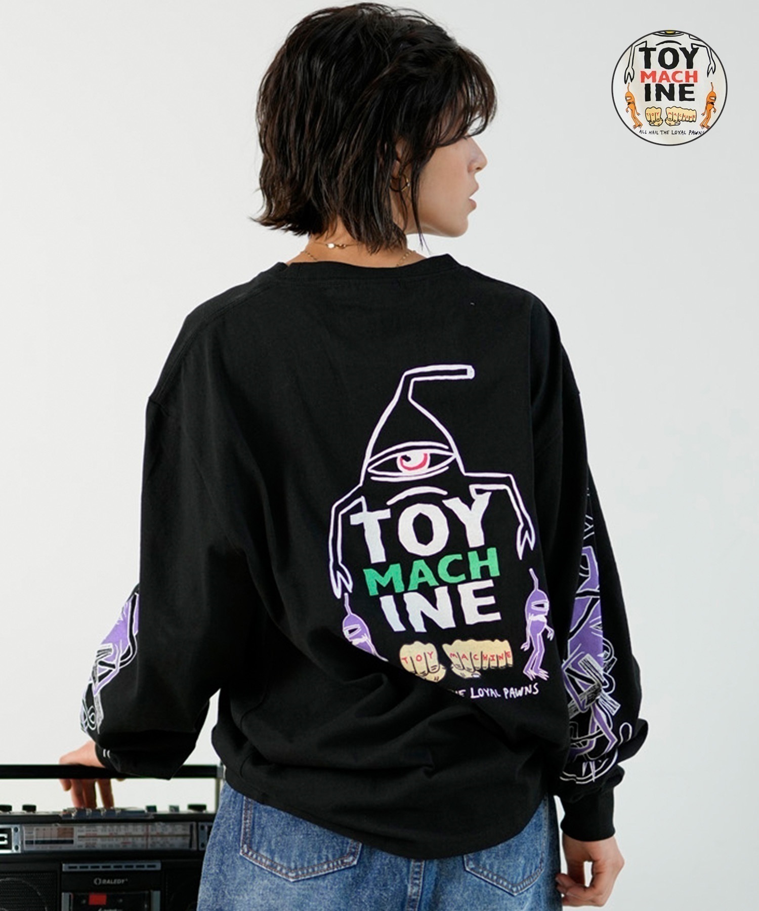 【ムラサキスポーツ限定】 TOY MACHINE トイマシーン レディース 長袖 Tシャツ ロンT バックプリント ビッグシルエット オーバーサイズ MTMPELT12(WHITE-M)