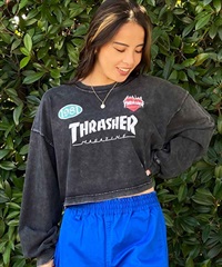 【ムラサキスポーツ限定】THRASHER スラッシャー レディース ロンT 長袖Tシャツ パウダーブリーチ加工 ショート丈 THML-24ASLS01(BLK-FREE)