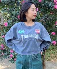 【ムラサキスポーツ限定】THRASHER スラッシャー レディース ロンT 長袖Tシャツ パウダーブリーチ加工 ショート丈 THML-24ASLS01(GRY-FREE)