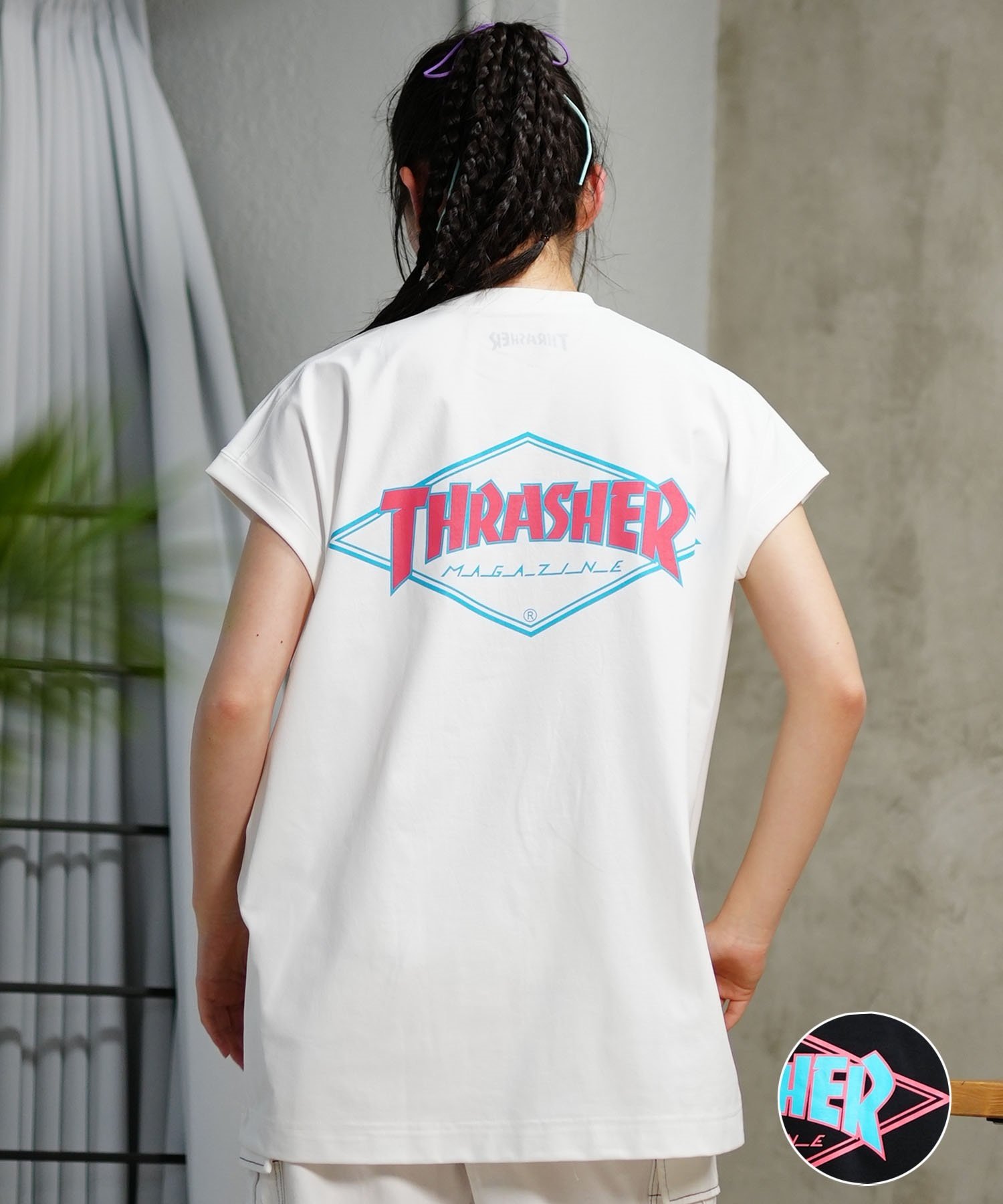 THRASHER スラッシャー レディース ラッシュガード タンクトップ ノースリーブ 水陸両用 ユニセックス ムラサキスポーツ限定 TC-001(WHT-FREE)