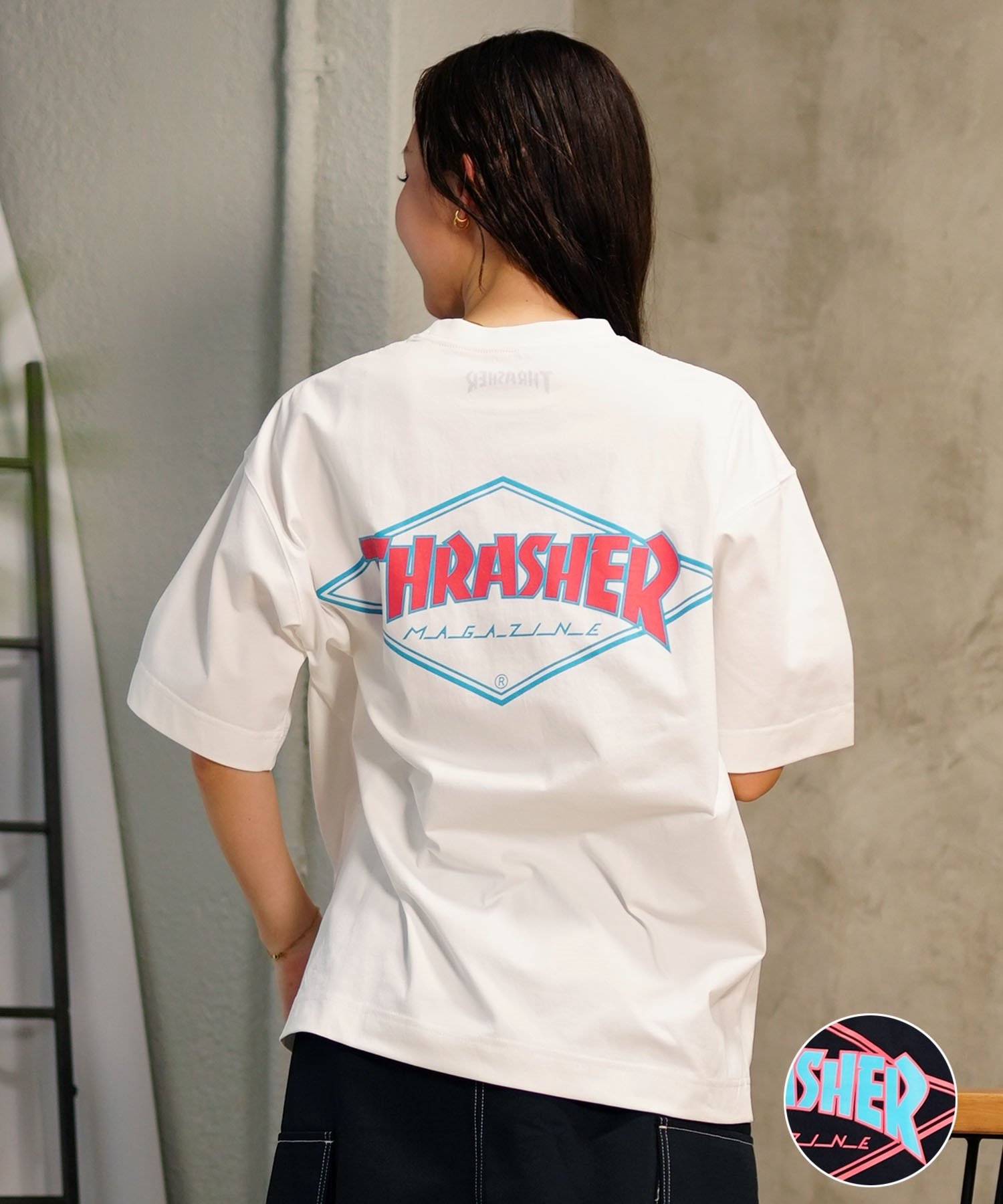 THRASHER スラッシャー レディース ラッシュガード 半袖 Tシャツ 水陸両用 オーバーサイズ ユニセックス ムラサキスポーツ限定 TC-002(WHT-M)