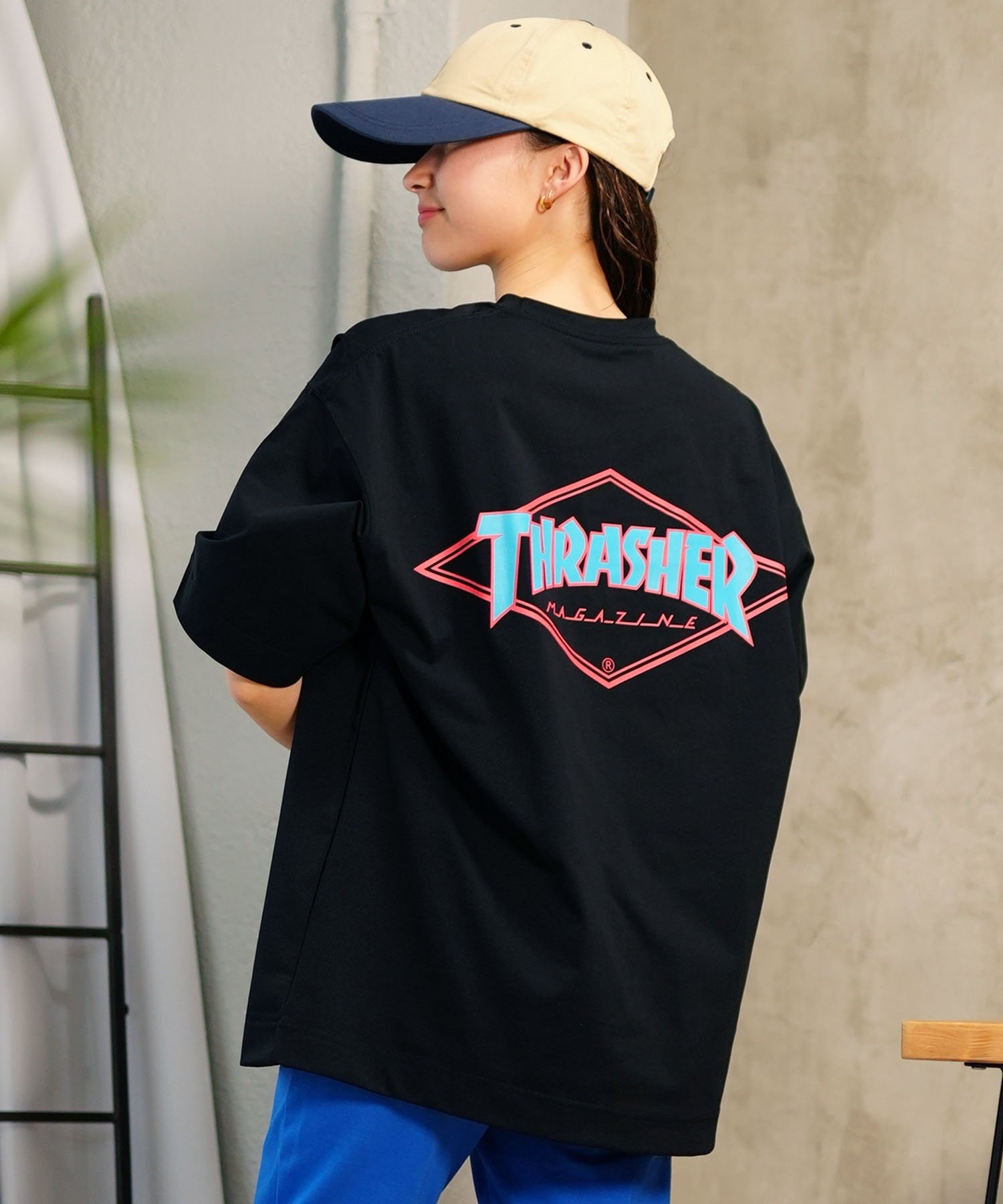 THRASHER スラッシャー レディース ラッシュガード 半袖 Tシャツ 水陸両用 オーバーサイズ ユニセックス ムラサキスポーツ限定 TC-002(BLK-M)