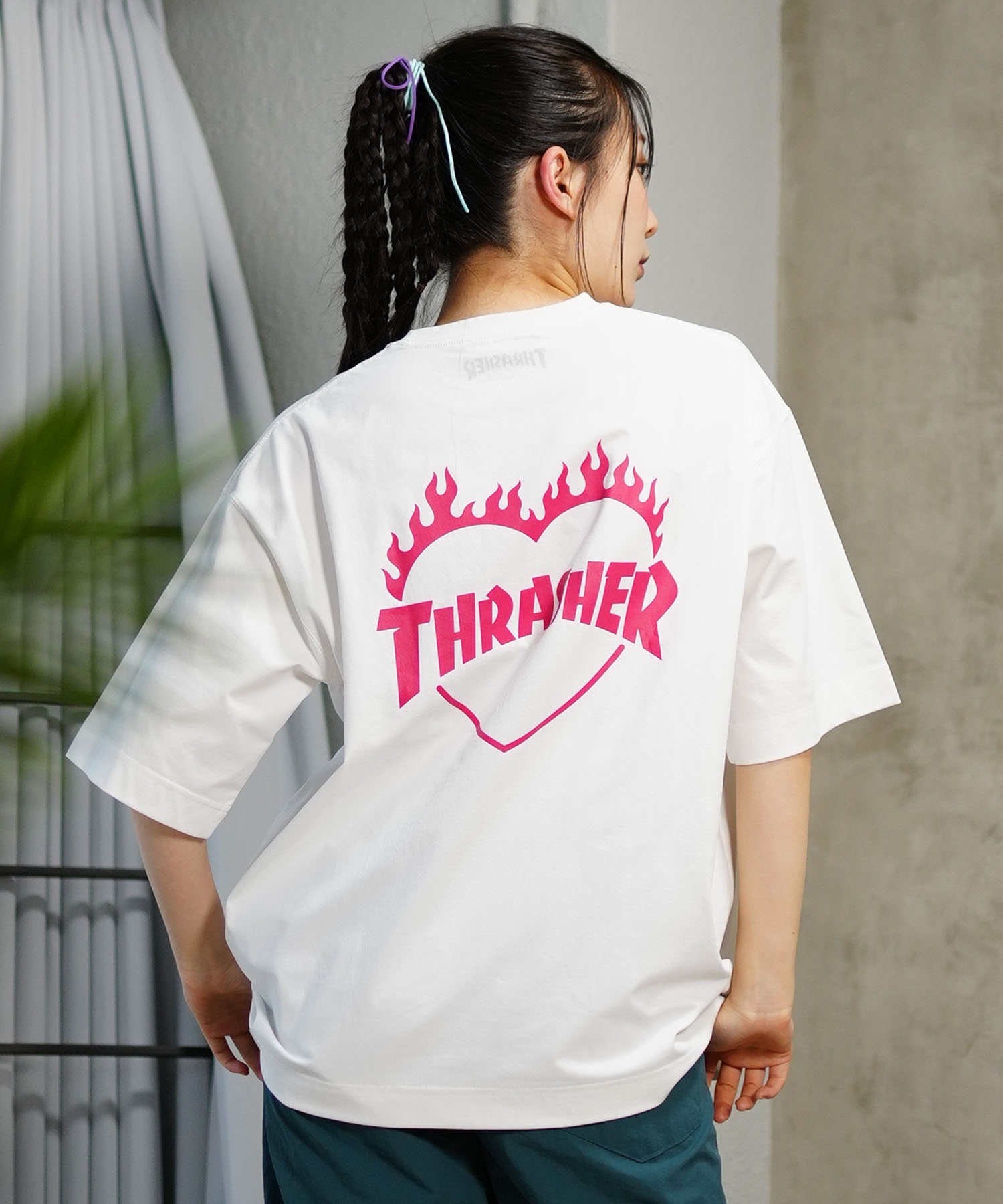 THRASHER スラッシャー レディース ラッシュガード 半袖 Tシャツ 水陸両用 オーバーサイズ ユニセックス ムラサキスポーツ限定 TC-003(WHT-M)