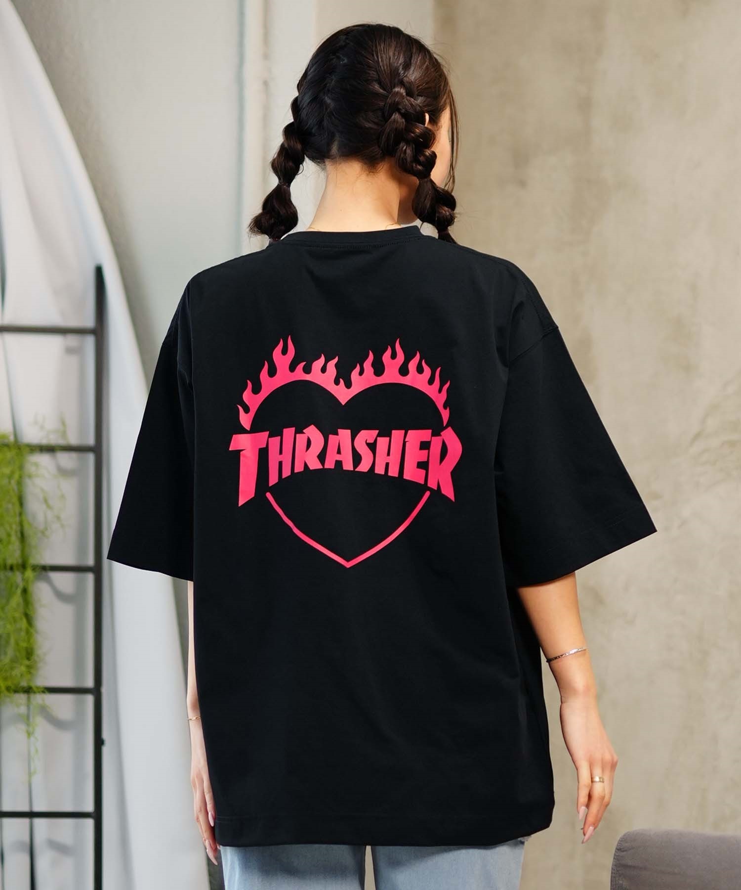 THRASHER スラッシャー レディース ラッシュガード 半袖 Tシャツ 水陸両用 オーバーサイズ ユニセックス ムラサキスポーツ限定 TC-003(BLK-M)