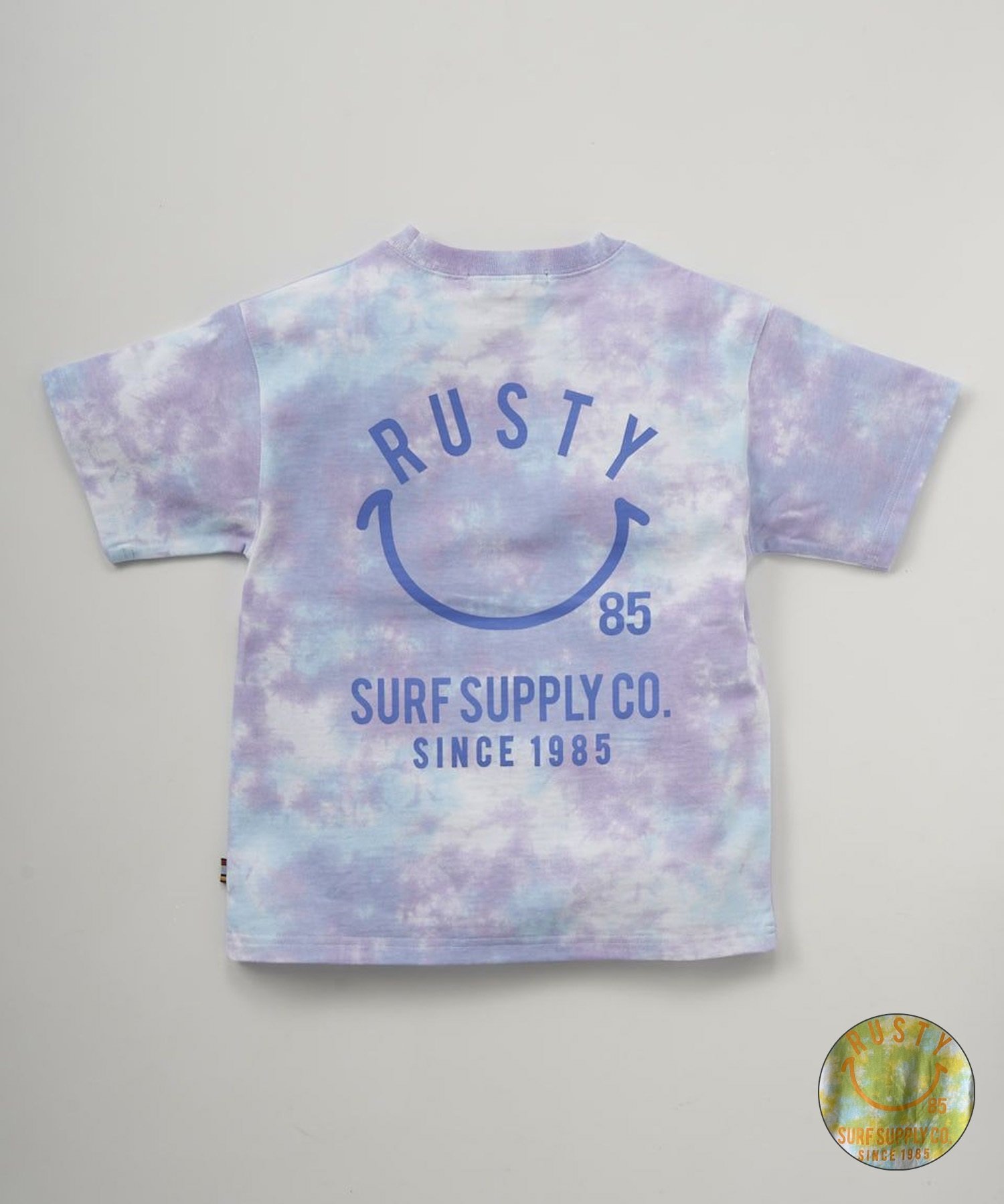 RUSTY ラスティー Tシャツ キッズ 半袖 バックプリント タイダイ柄 ニコちゃん 964504(BLU-100cm)