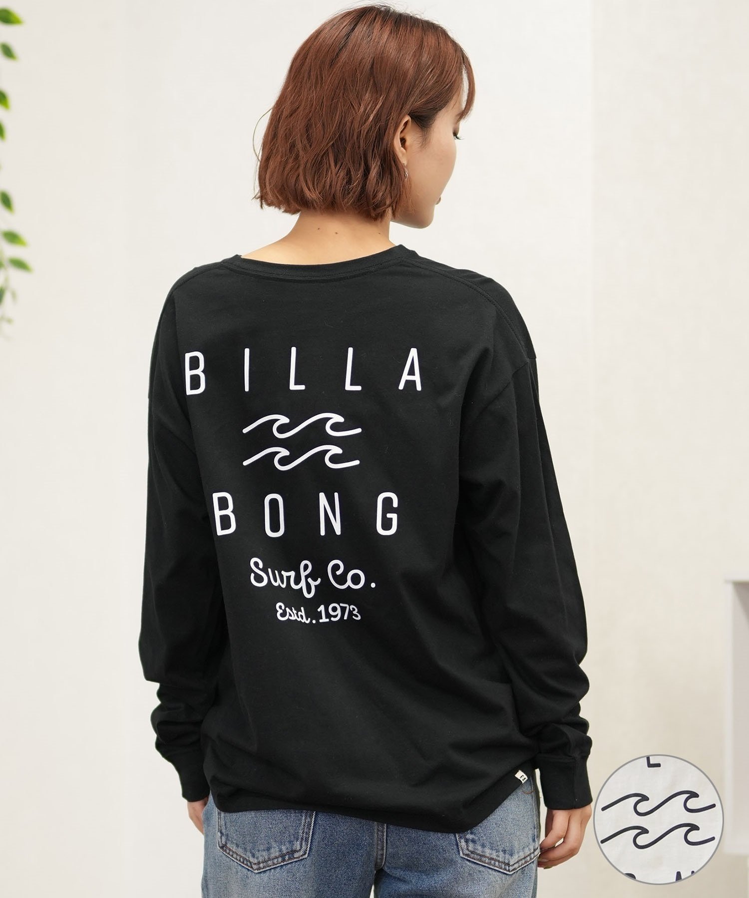 BILLABONG ビラボン 長袖 Tシャツ レディース ロンT 発泡プリント オーバーサイズ BE014-051(BLK-M)