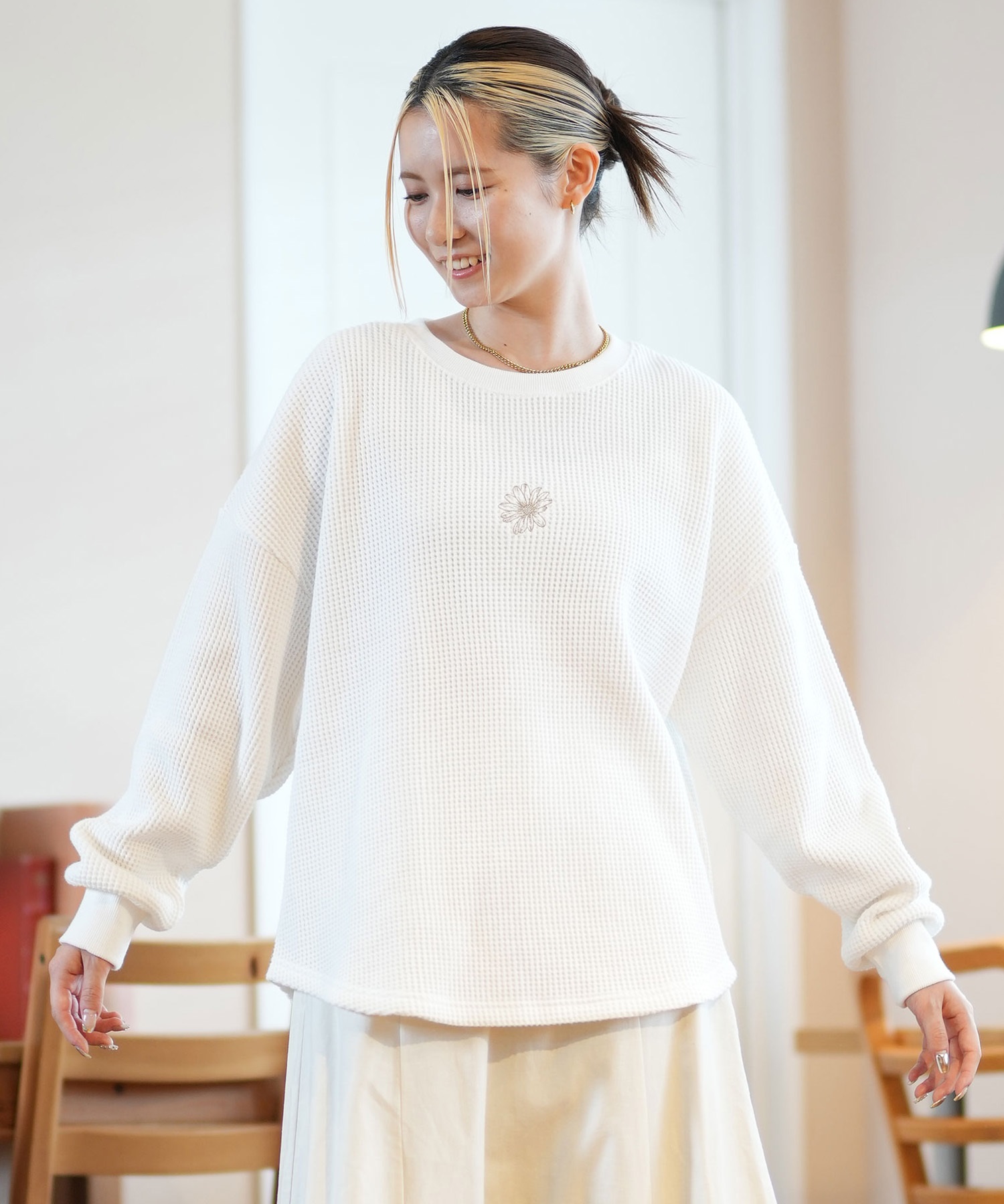 RIKKA FEMME リッカファム 長袖 Tシャツ レディース ロンT クルーネック 花刺繍 サーマル RF24FW29(WHT-FREE)