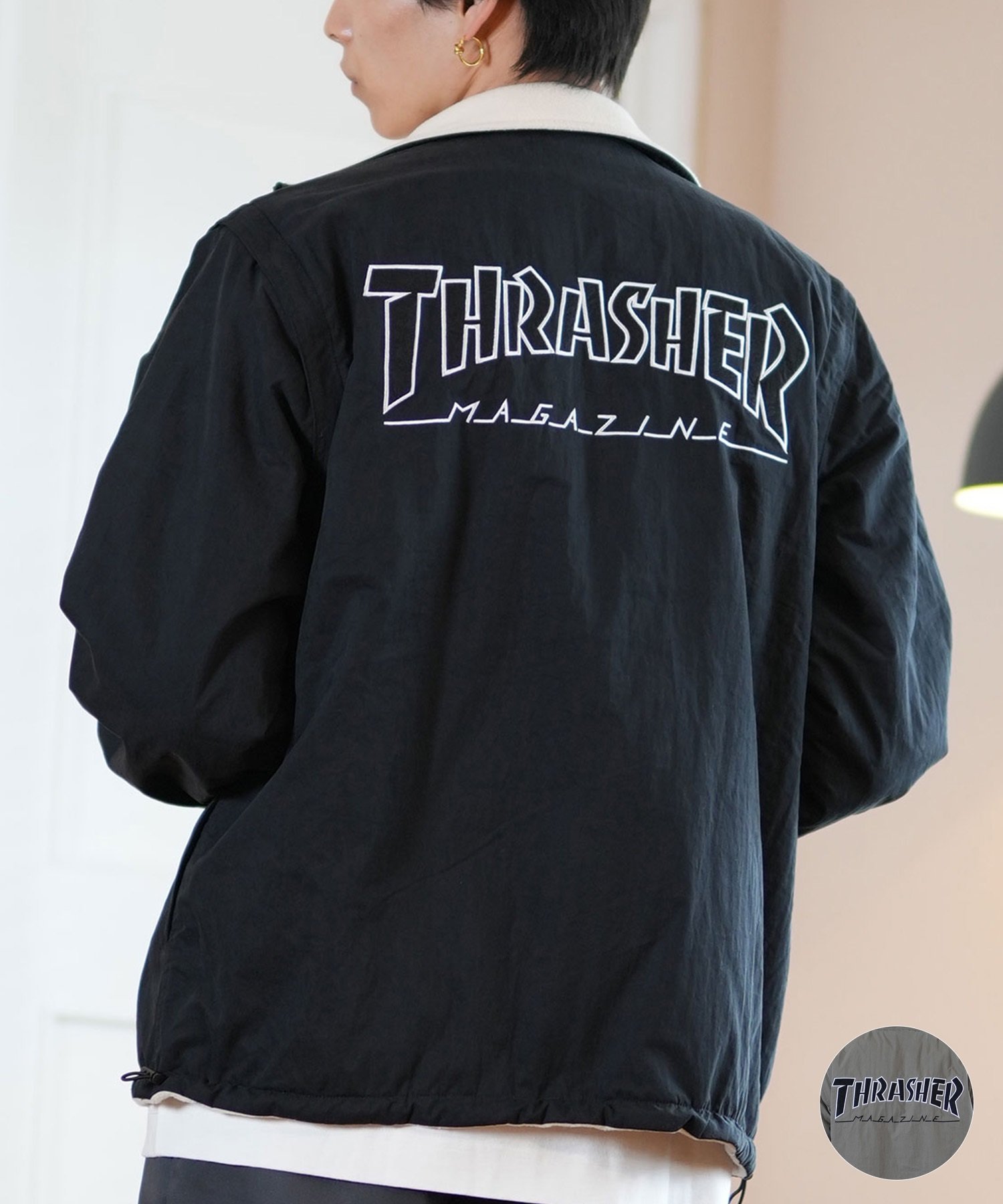 THRASHER スラッシャー アウター メンズ 4WAY ジャケット リバーシブル 袖取り外し可能 ベスト ビッグシルエット 243TH1JK019 ムラサキスポーツ限定(BLK-M)