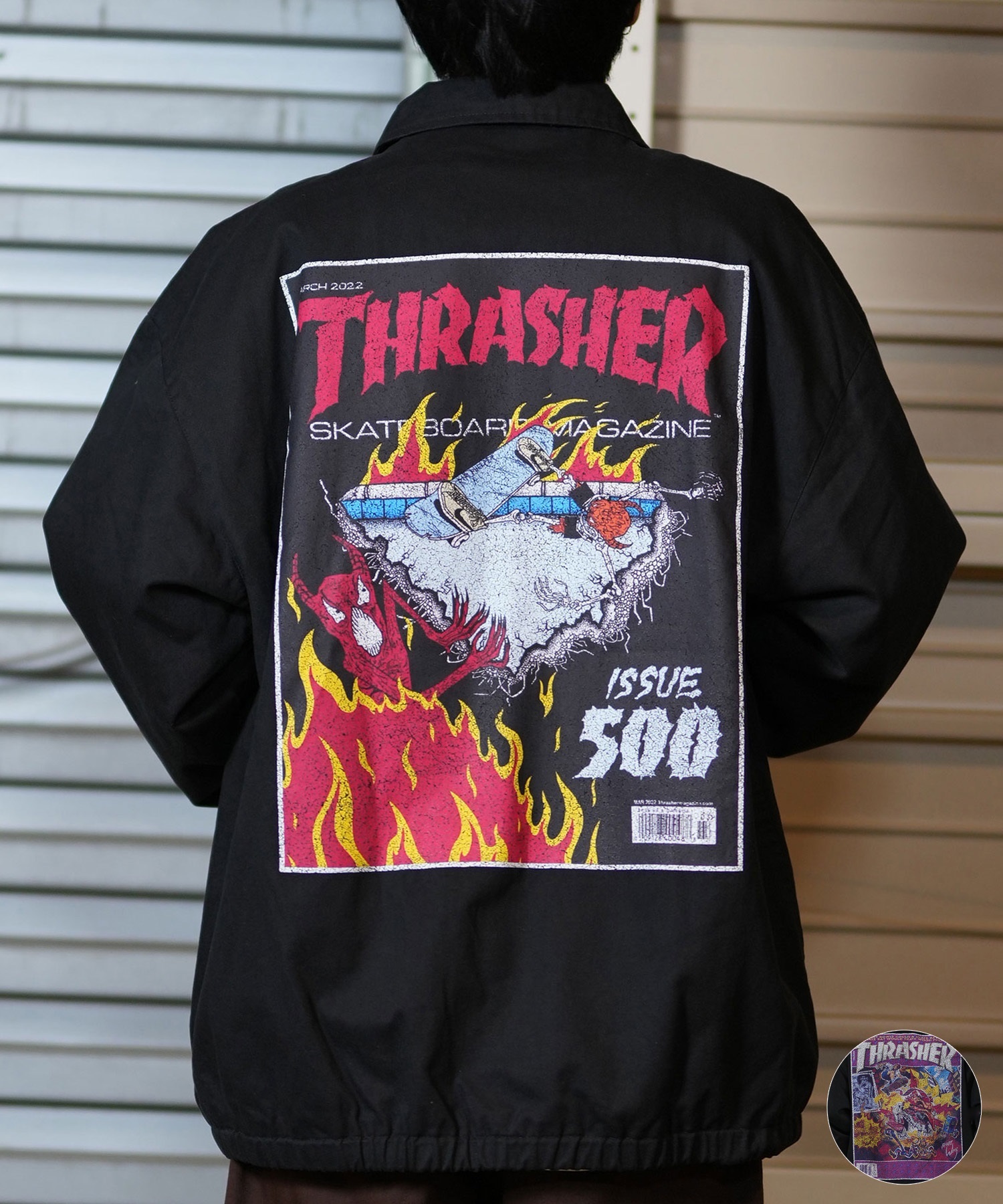 THRASHER スラッシャー アウター コーチジャケット メンズ バックプリント ビッグシルエット MAGAZINE COVER 243TH1JK018 ムラサキスポーツ限定(BK/RE-M)