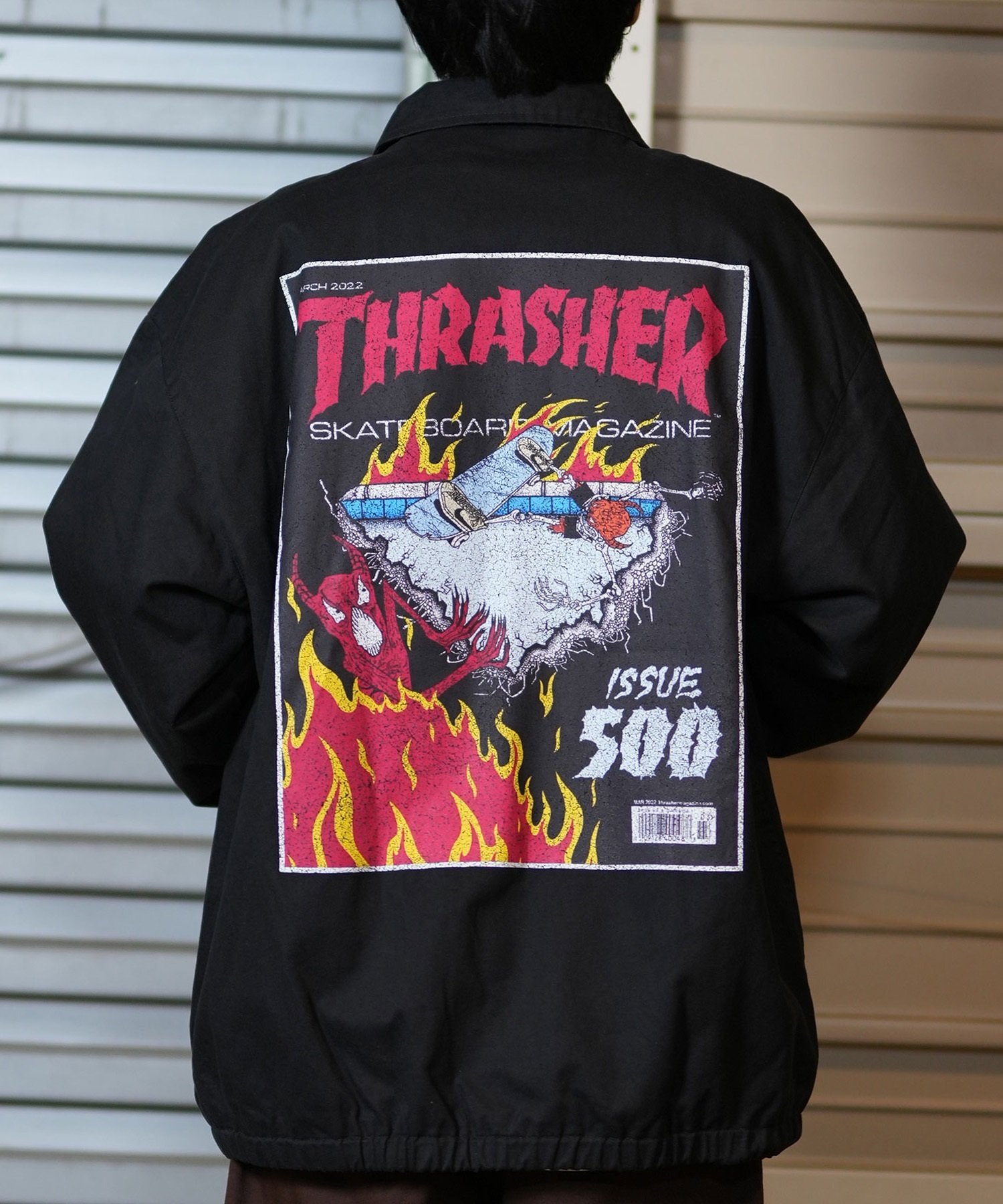 THRASHER スラッシャー アウター コーチジャケット メンズ バックプリント ビッグシルエット MAGAZINE COVER 243TH1JK018 ムラサキスポーツ限定(BK/RE-M)