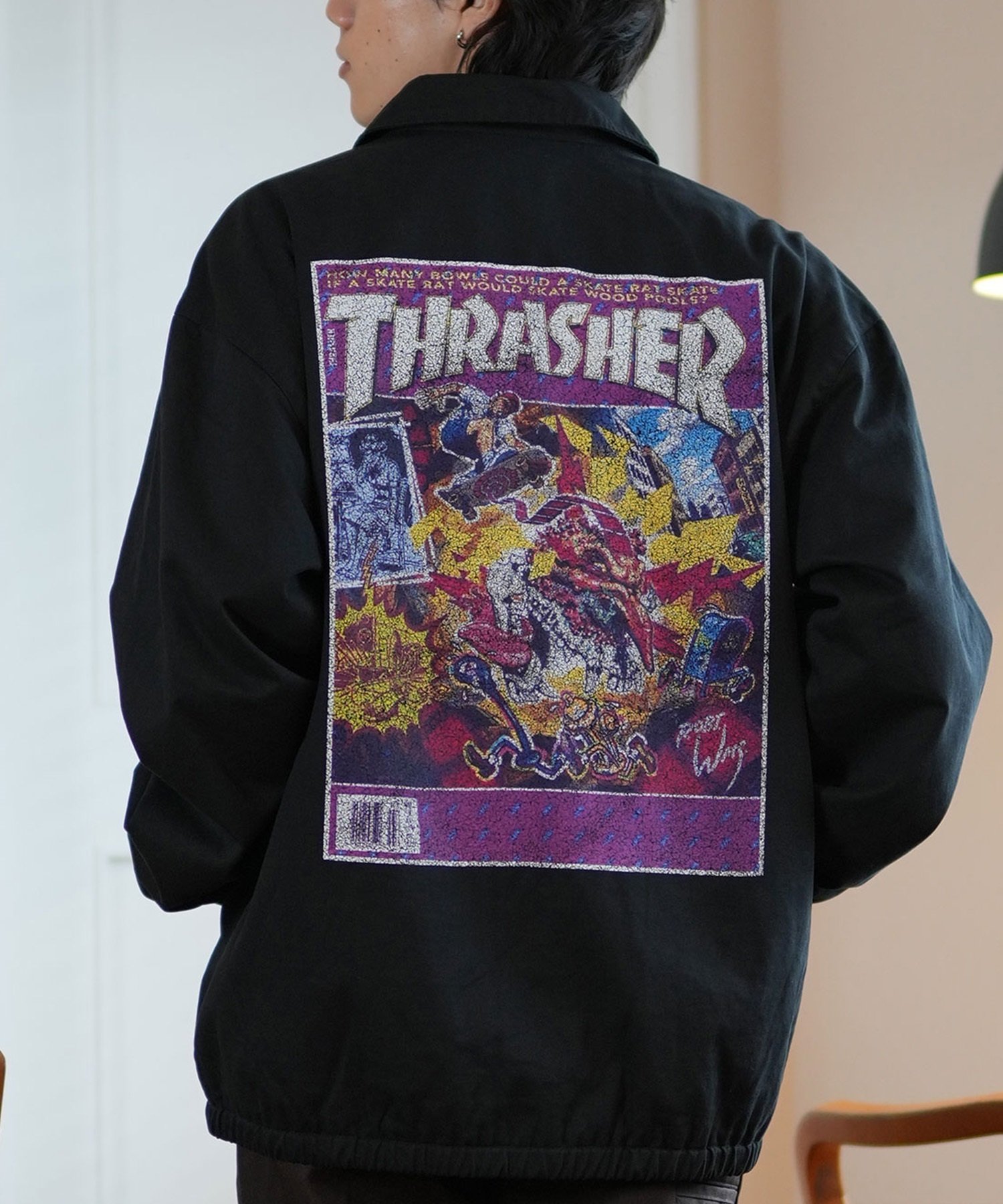 THRASHER スラッシャー アウター コーチジャケット メンズ バックプリント ビッグシルエット MAGAZINE COVER 243TH1JK018 ムラサキスポーツ限定(BK/PU-M)