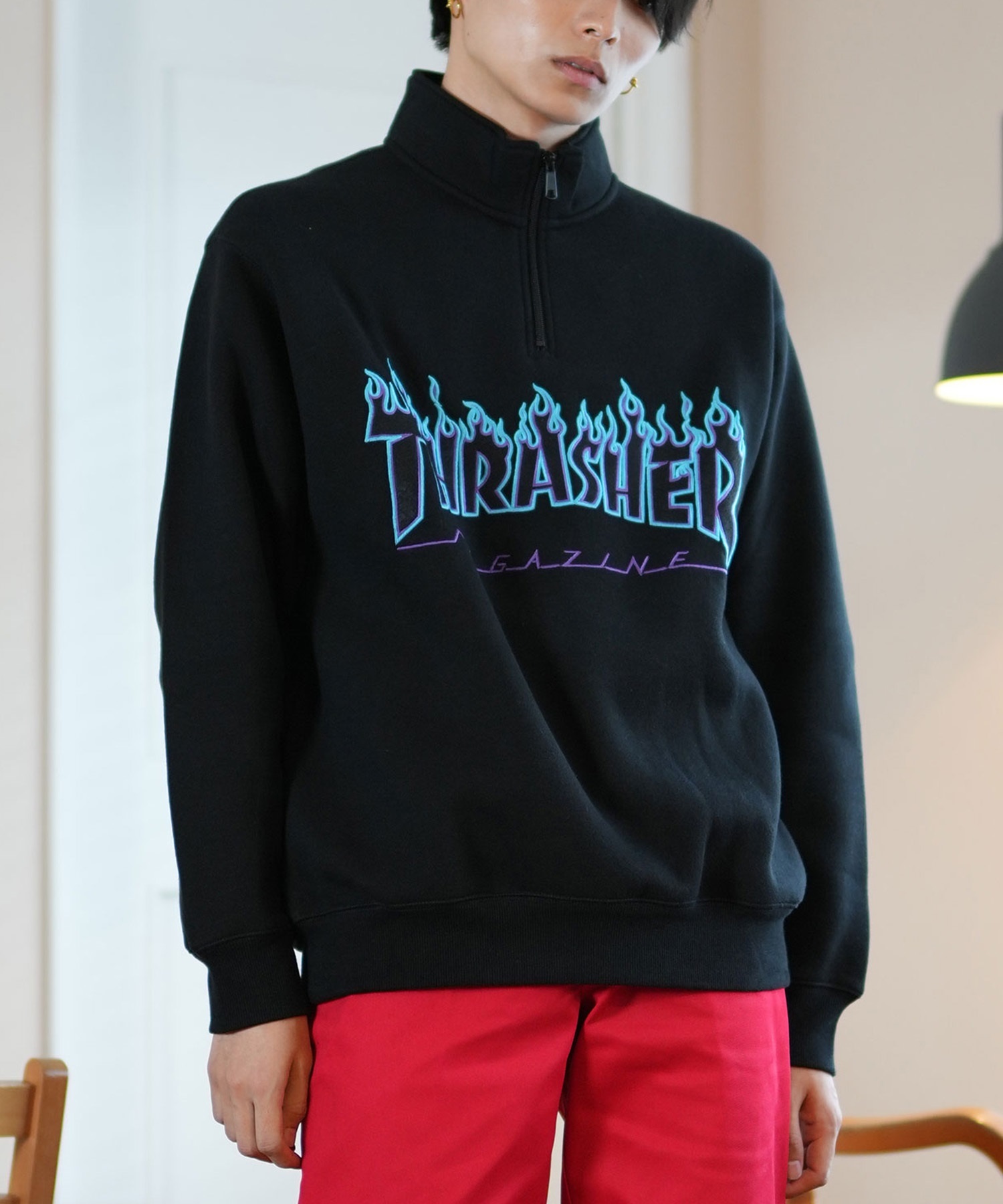 THRASHER スラッシャー ハーフジップ トレーナー メンズ スウェット アップリケロゴ ビッグシルエット 裏起毛 243TH1TR006 ムラサキスポーツ限定(BLK-M)