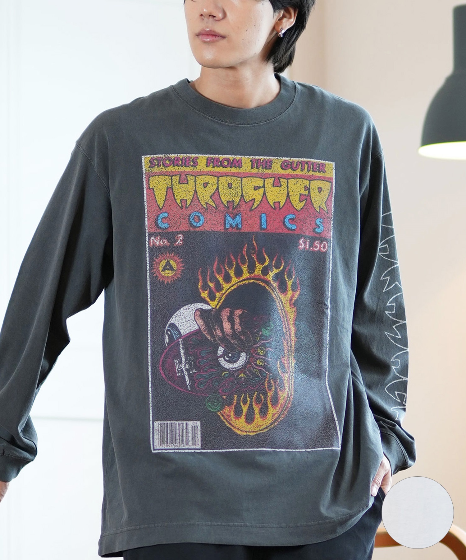 THRASHER スラッシャー 長袖 Tシャツ メンズ ロンT ピグメント加工 ビッグシルエット 243TH1LT015 ムラサキスポーツ限定(WHT-M)