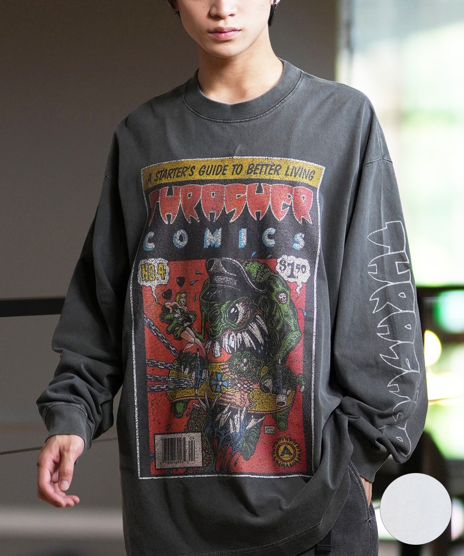 THRASHER スラッシャー 長袖 Tシャツ メンズ ロンT ピグメント加工 ビッグシルエット 243TH1LT014 ムラサキスポーツ限定(WHT-M)