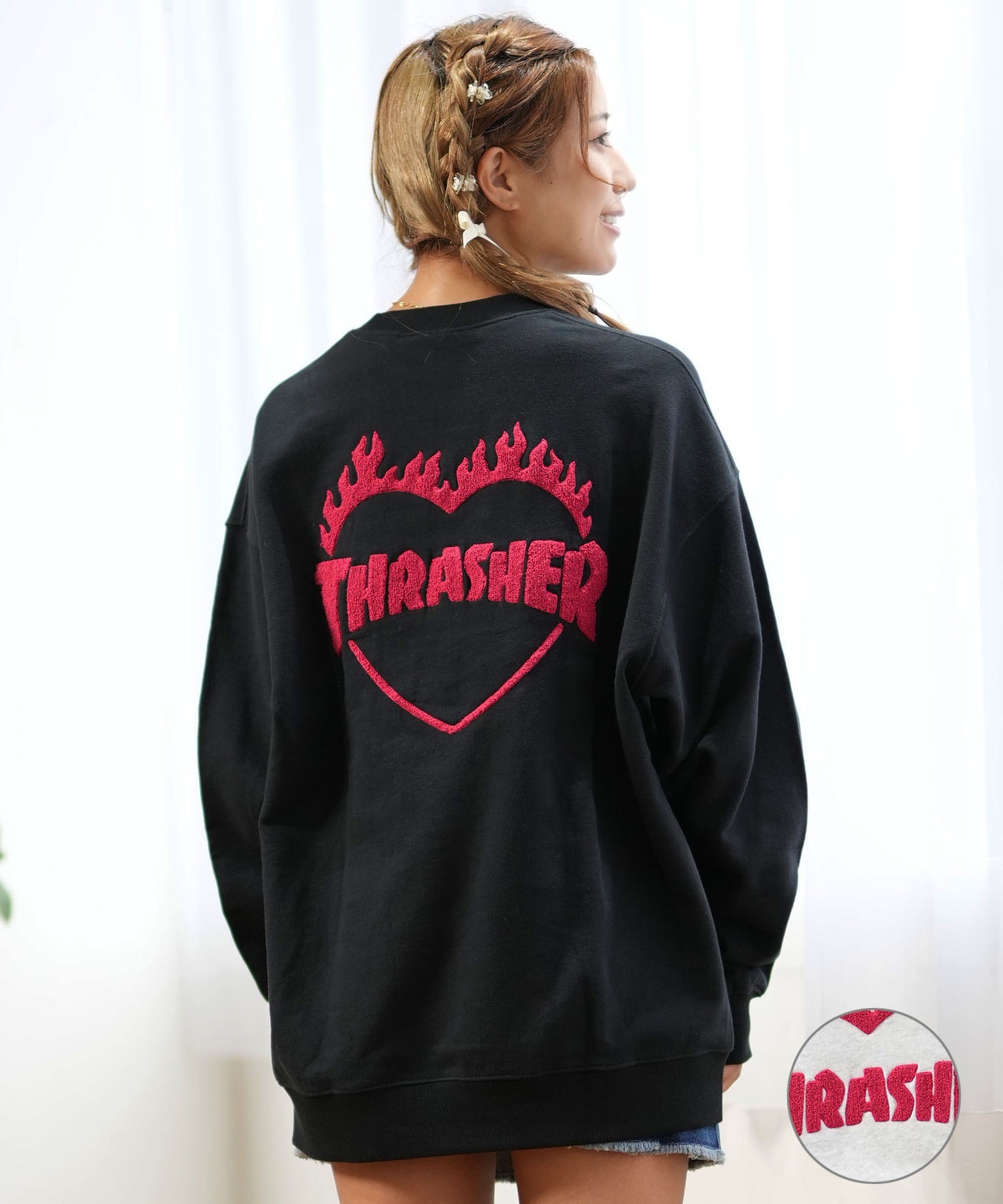 THRASHER スラッシャー トレーナー レディース スウェット サガラ刺繍 ハート ロゴ ムラサキスポーツ限定 243TH2TR016(WHT-M)