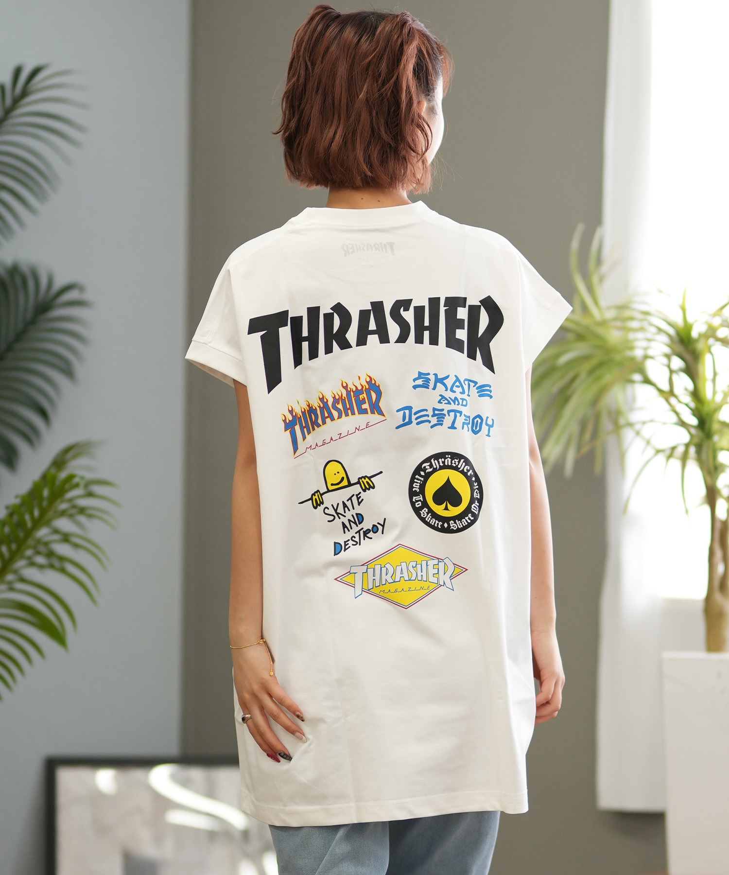 THRASHER スラッシャー ラッシュガード レディース 半袖 Tシャツ バックプリント 水陸両用 UVカット 242TH2TN001 ムラサキスポーツ限定(WHT-FREE)