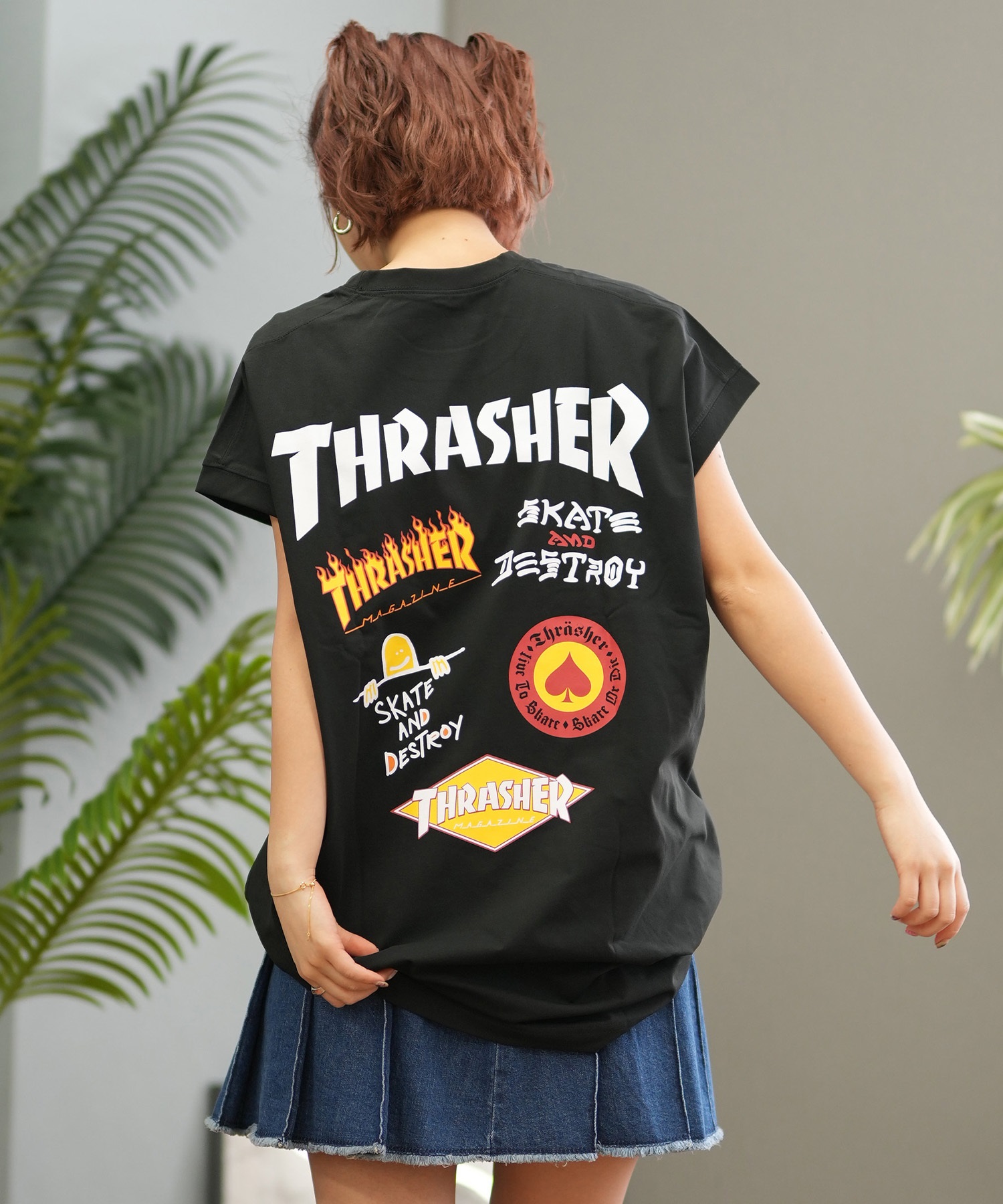 THRASHER スラッシャー ラッシュガード レディース 半袖 Tシャツ バックプリント 水陸両用 UVカット 242TH2TN001 ムラサキスポーツ限定(BLK-FREE)