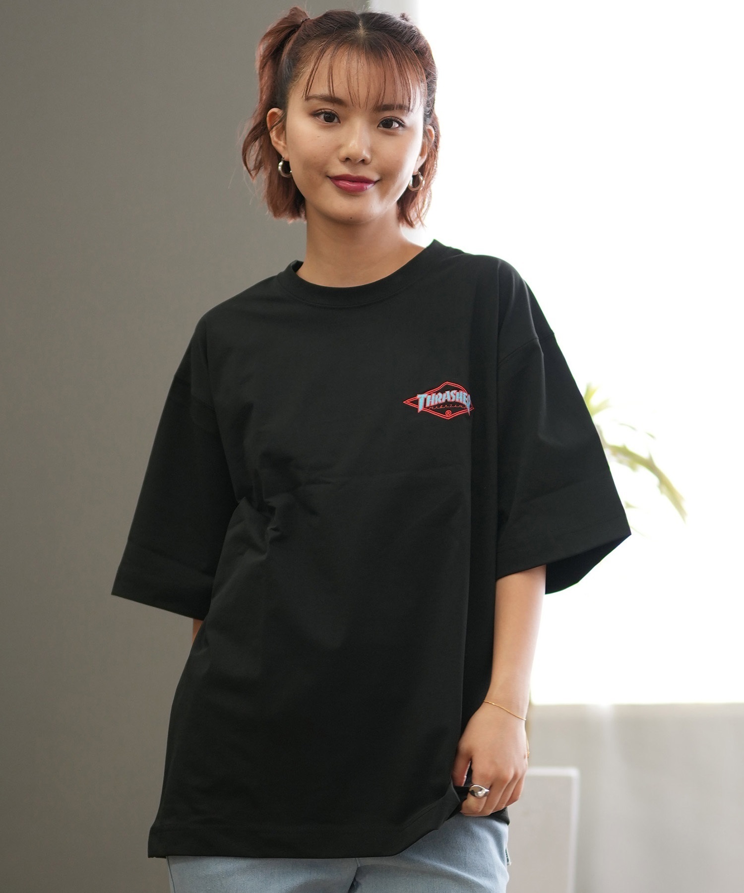 THRASHER スラッシャー ラッシュガード レディース 半袖 Tシャツ ワンポイント 水陸両用 UVカット 242TH2ST002 ムラサキスポーツ限定(BK/BL-M)