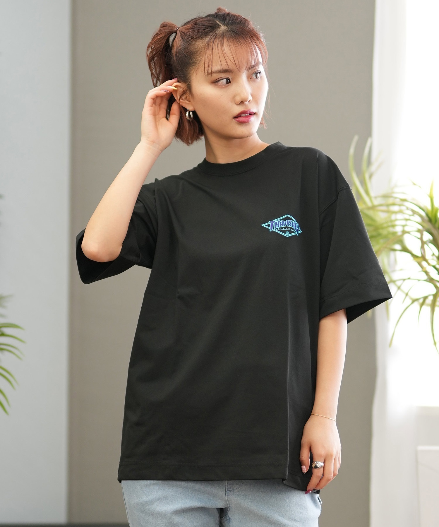 THRASHER スラッシャー ラッシュガード レディース 半袖 Tシャツ ワンポイント 水陸両用 UVカット 242TH2ST002 ムラサキスポーツ限定(BK/PL-M)