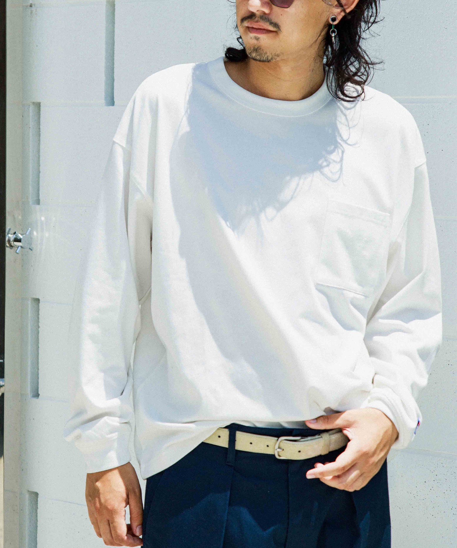 DEAR LAUREL ディアローレル 長袖 Tシャツ ロンT 無地 ポケット ポケT ワンポイントロゴ シンプル D24F1302(WHT-M)