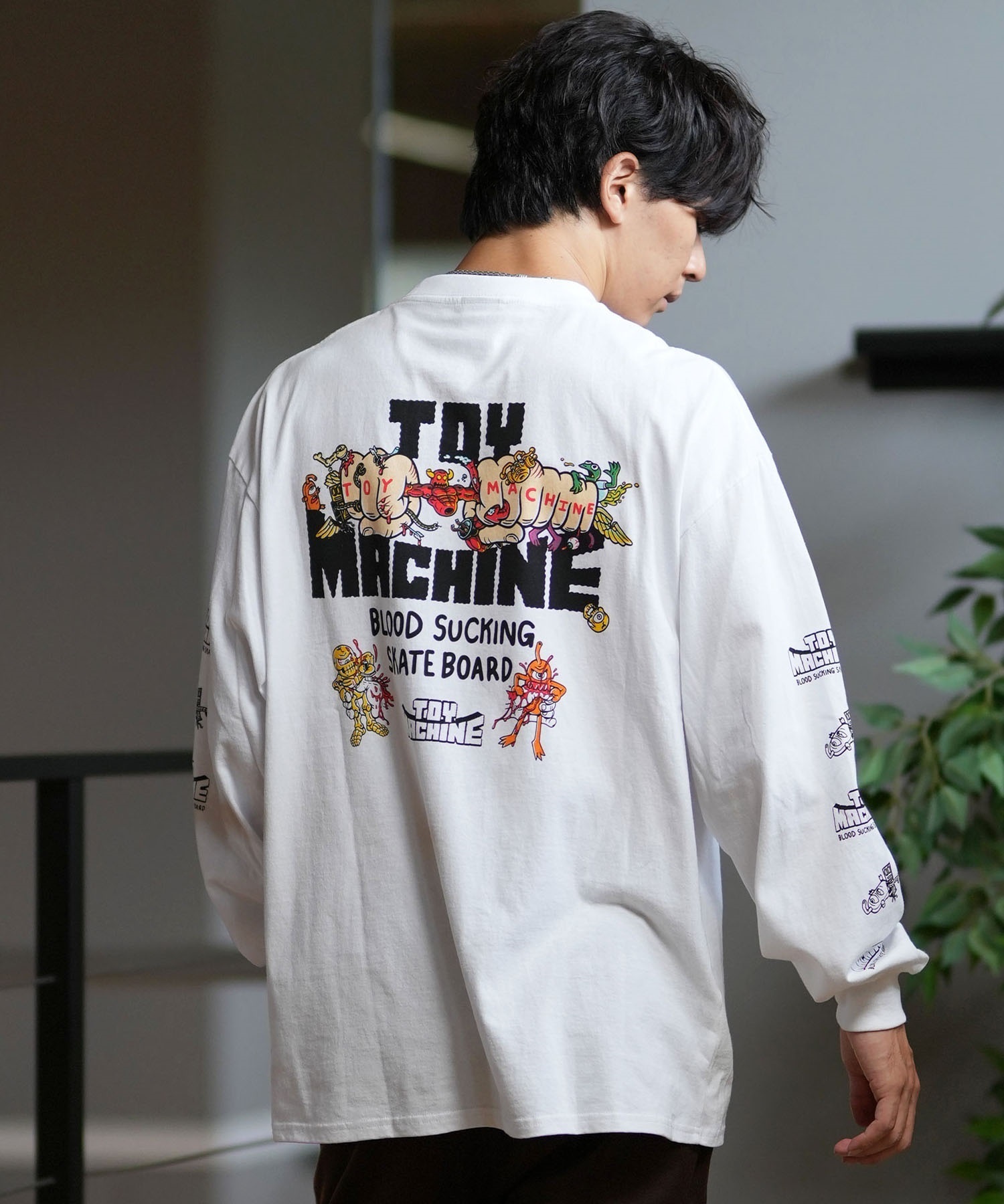 TOY MACHINE トイマシーン 長袖 Tシャツ メンズ ロンT ビックシルエット バックプリント ムラサキスポーツ限定 MTMFELT1(WHITE-M)