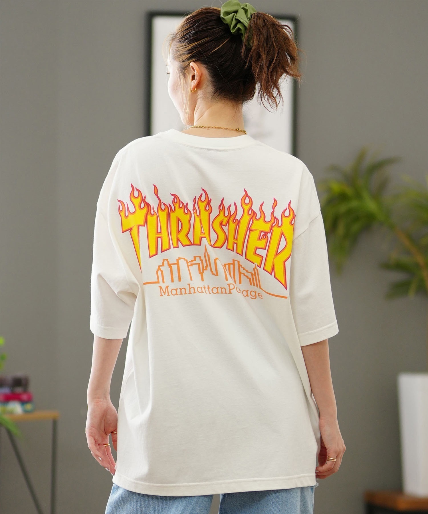 Manhattan Portage マンハッタンポーテージ 半袖 Tシャツ レディース THRASHERコラボ オーバーサイズ MP-M583(WT/YE-S)