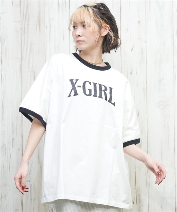 X-girl エックスガール 半袖 Tシャツ レディース リンガーシャツ フロントロゴ オーバーサイズ ARCH LOGO S S RINGER BIG TEE 105251011027(BLACK-S)