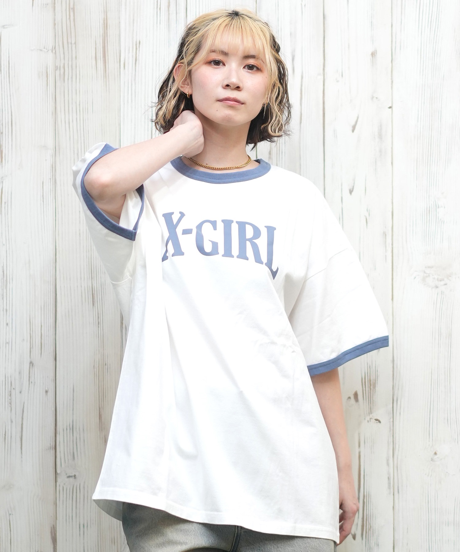 X-girl エックスガール 半袖 Tシャツ レディース リンガーシャツ フロントロゴ オーバーサイズ ARCH LOGO S S RINGER BIG TEE 105251011027(LTBLU-S)