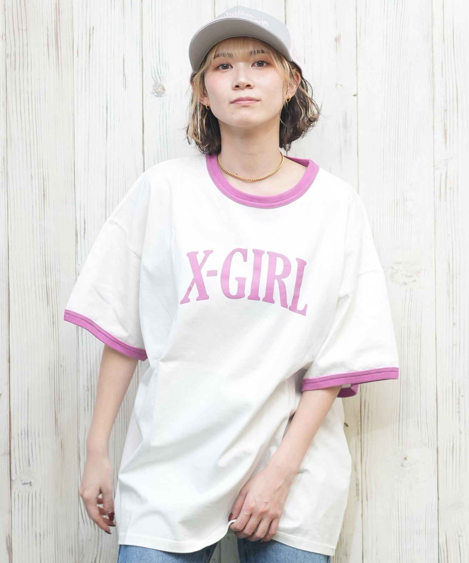 X-girl エックスガール 半袖 Tシャツ レディース リンガーシャツ フロントロゴ オーバーサイズ ARCH LOGO S S RINGER BIG TEE 105251011027(PINK-S)