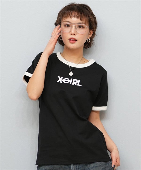 X-girl エックスガール 半袖 Tシャツ レディース リンガーシャツ フロントロゴ LOGO S S RINGER CLASSIC TEE 105251011031(BLACK-S)