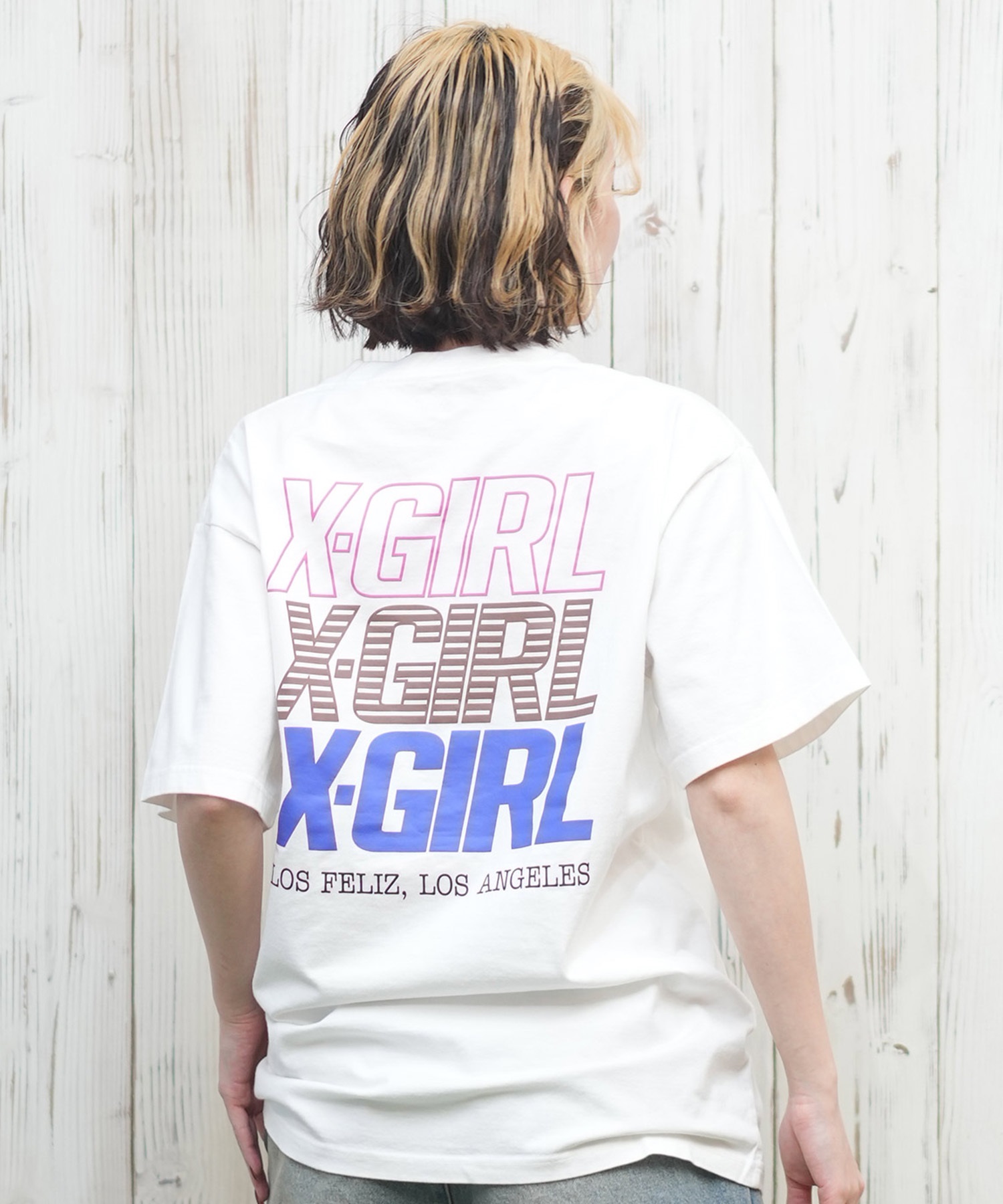 X-girl エックスガール 半袖 Tシャツ レディース 3連ロゴ バックプリント TRIPLE LOGO S S TEE 105251011032(WHITE-M)