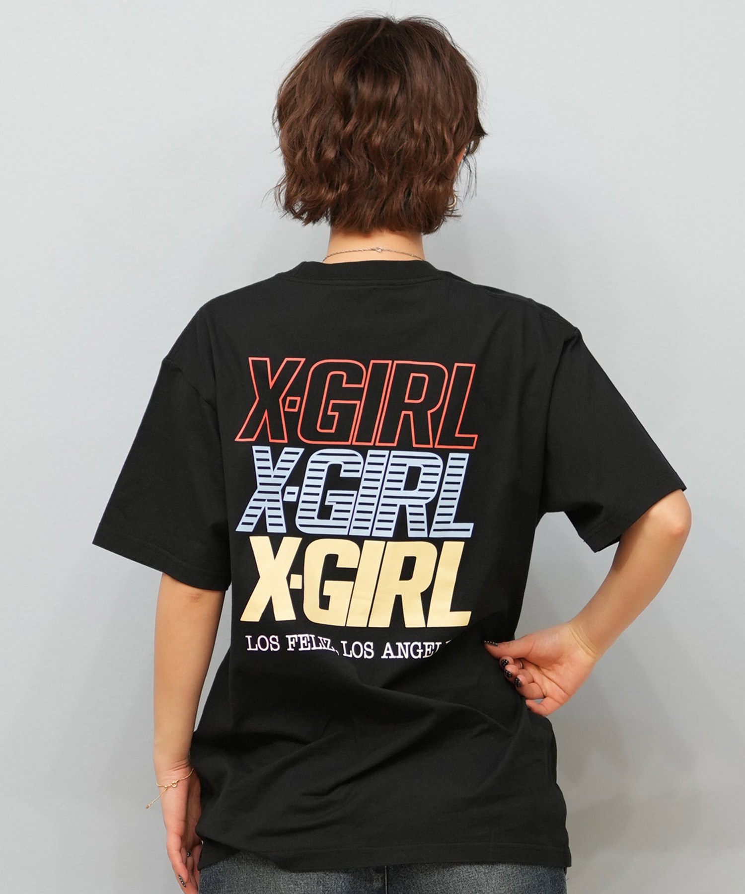 X-girl エックスガール 半袖 Tシャツ レディース 3連ロゴ バックプリント TRIPLE LOGO S S TEE 105251011032(BLACK-M)