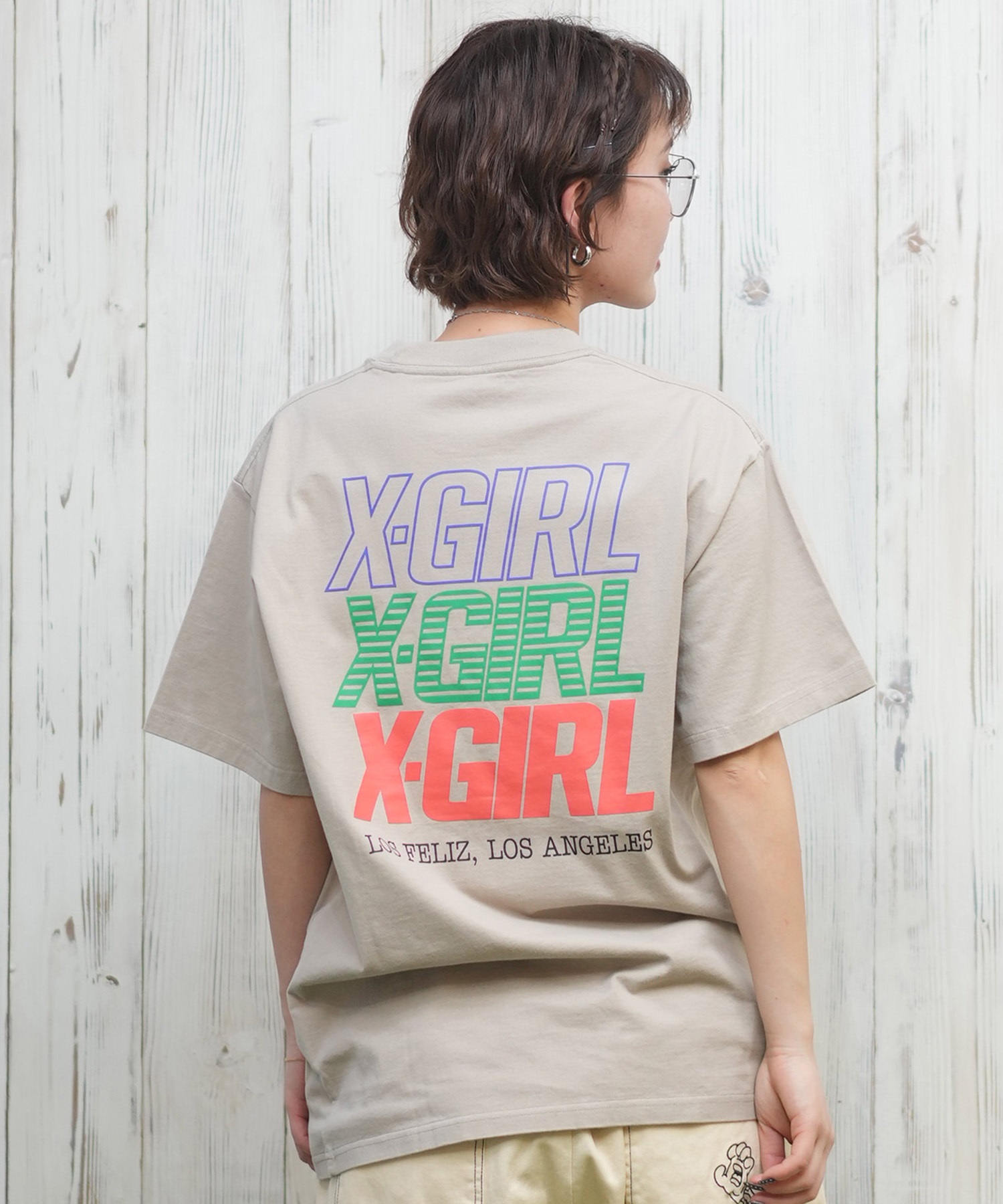 X-girl エックスガール 半袖 Tシャツ レディース 3連ロゴ バックプリント TRIPLE LOGO S S TEE 105251011032(BEIGE-M)