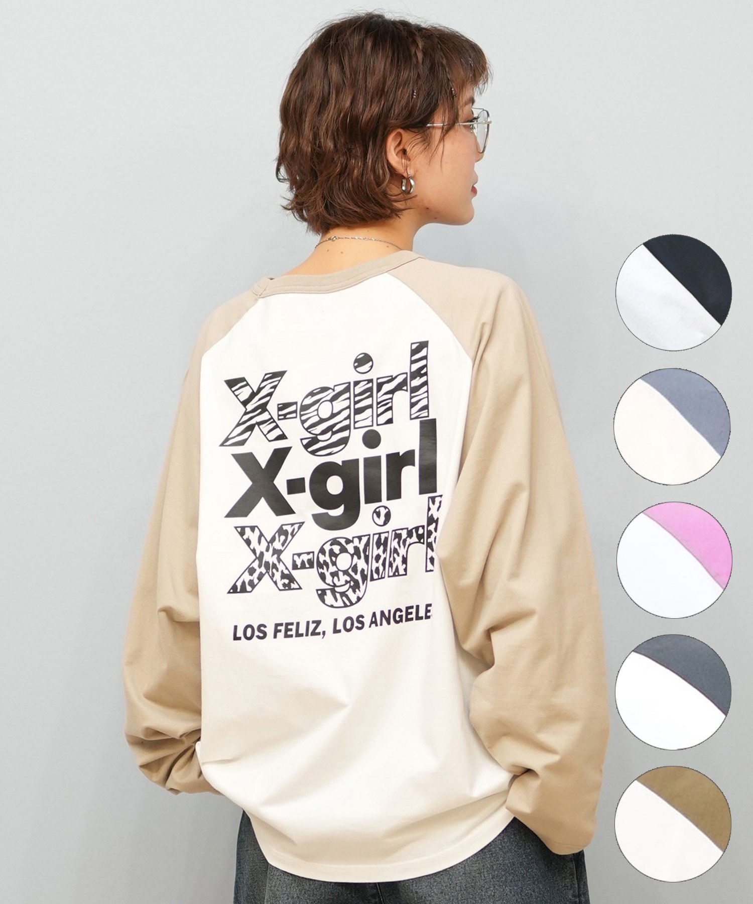 X-girl エックスガール 長袖 Tシャツ レディース ロンT ラグラン バックプリント オーバーサイズ ANML TRPL LG BB BIG TEE 105251011026(BLACK-S)