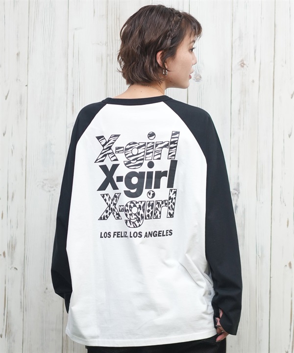 X-girl エックスガール 長袖 Tシャツ レディース ロンT ラグラン バックプリント オーバーサイズ ANML TRPL LG BB BIG TEE 105251011026(BLACK-S)