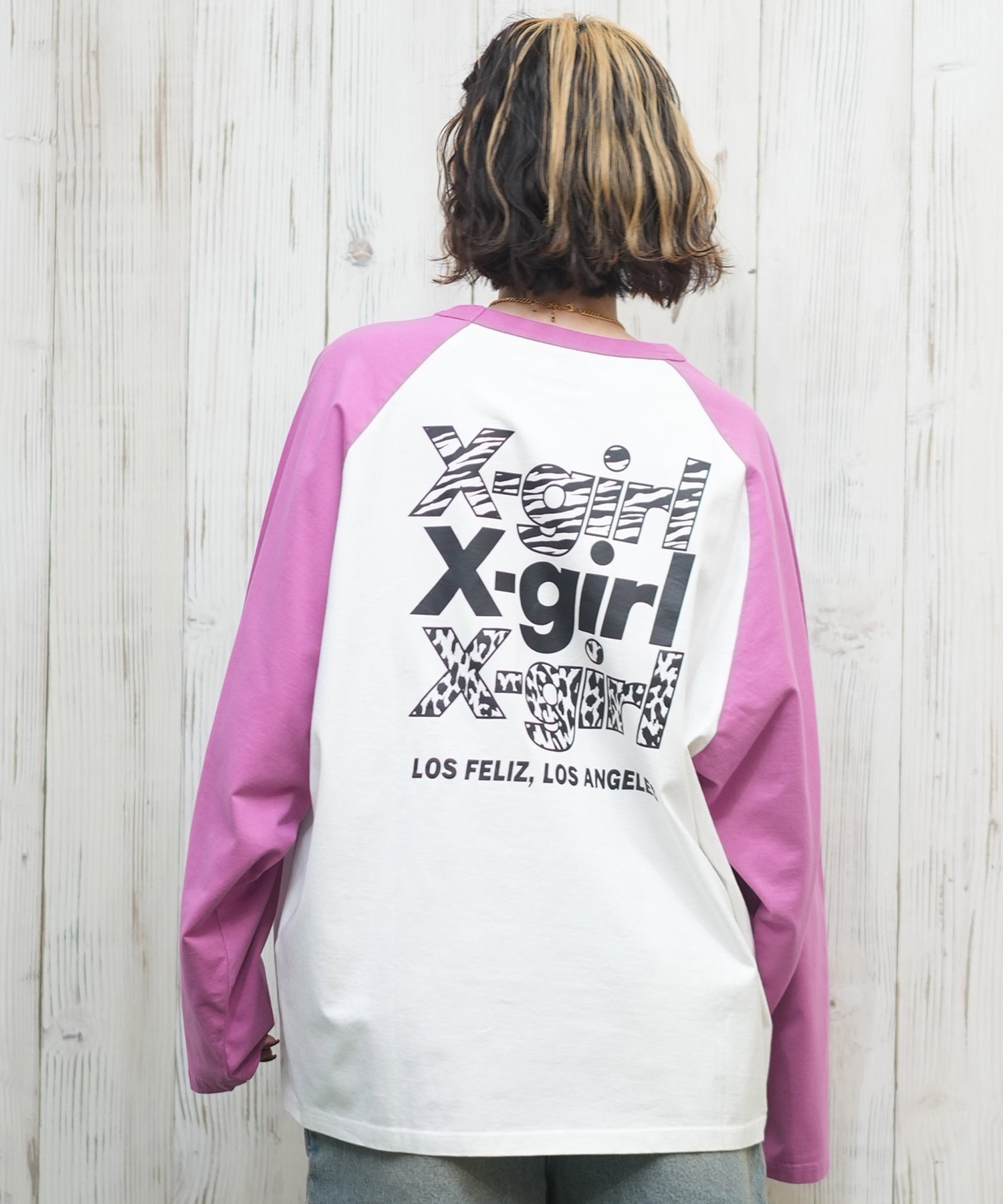 X-girl エックスガール 長袖 Tシャツ レディース ロンT ラグラン バックプリント オーバーサイズ ANML TRPL LG BB BIG TEE 105251011026(PINK-S)