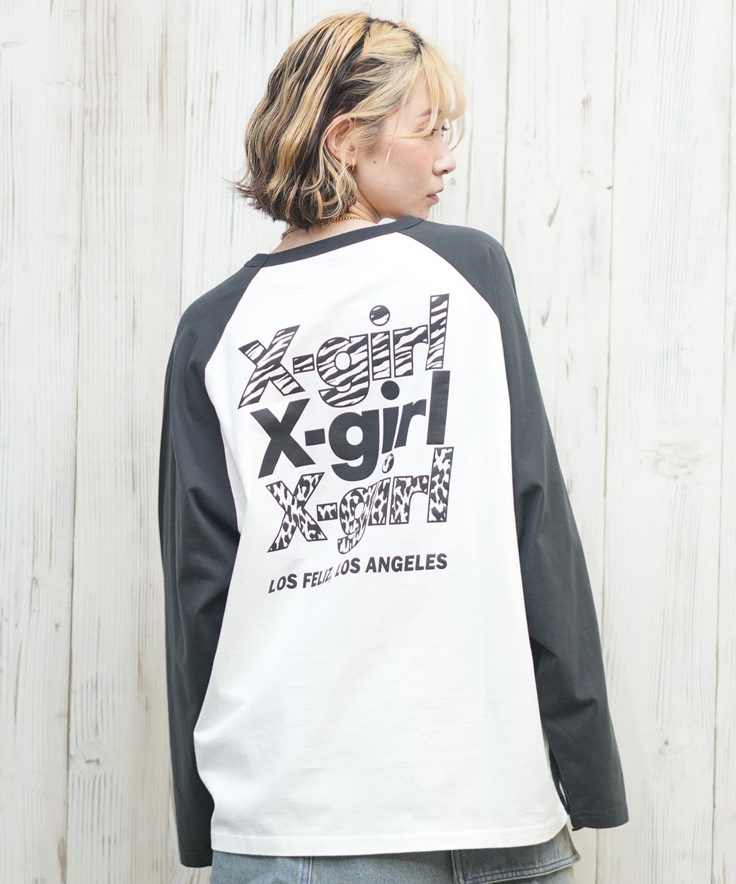 X-girl エックスガール 長袖 Tシャツ レディース ロンT ラグラン バックプリント オーバーサイズ ANML TRPL LG BB BIG TEE 105251011026(CHAR-S)