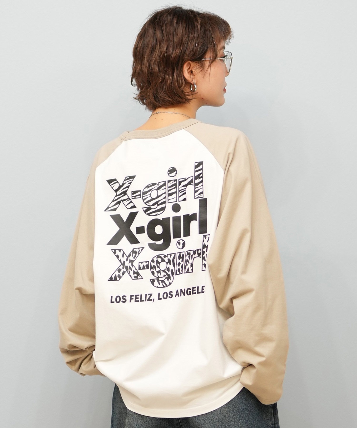 X-girl エックスガール 長袖 Tシャツ レディース ロンT ラグラン バックプリント オーバーサイズ ANML TRPL LG BB BIG TEE 105251011026(BEIGE-S)